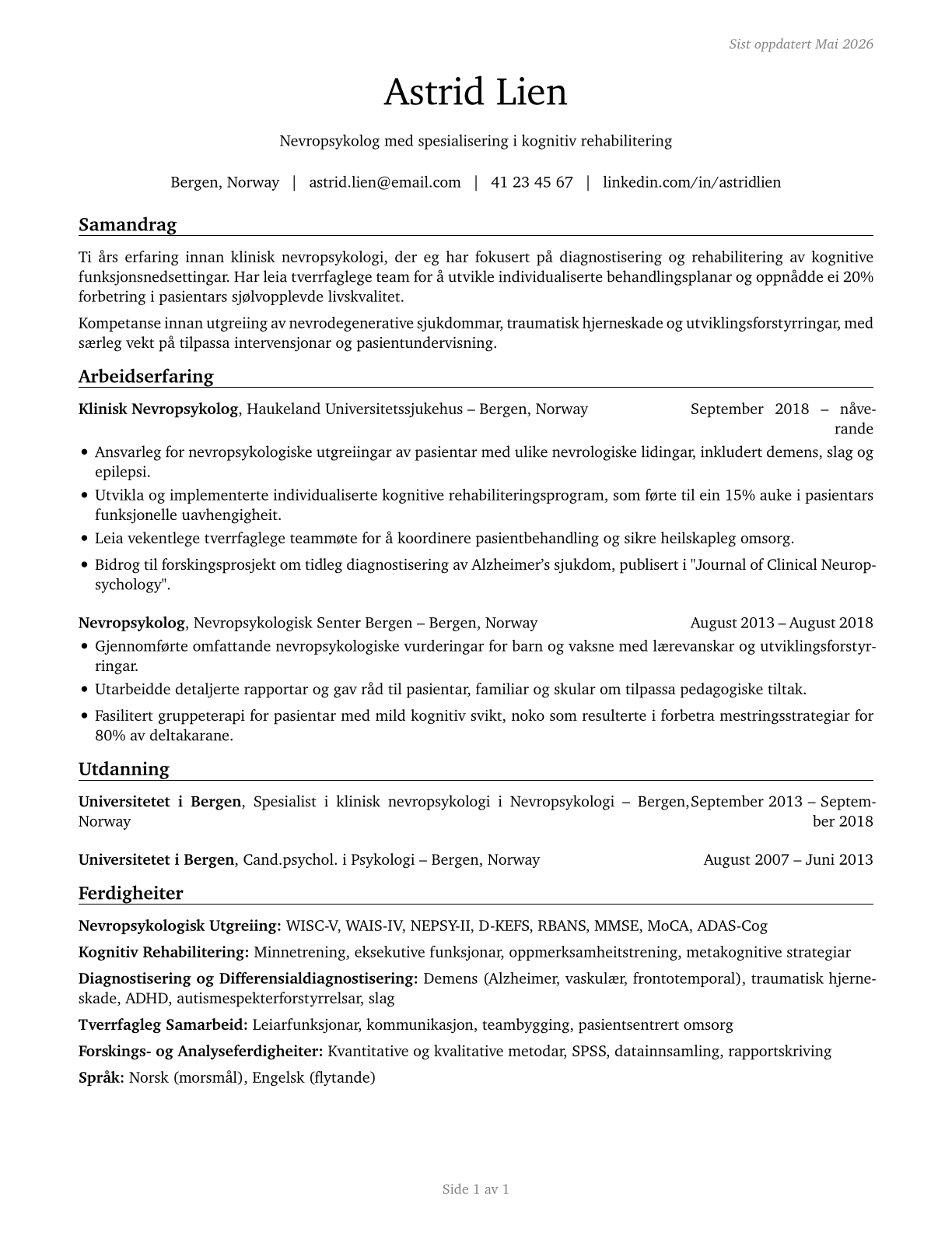 Neuropsychologists CV in Norwegian_nynorsk — page 1