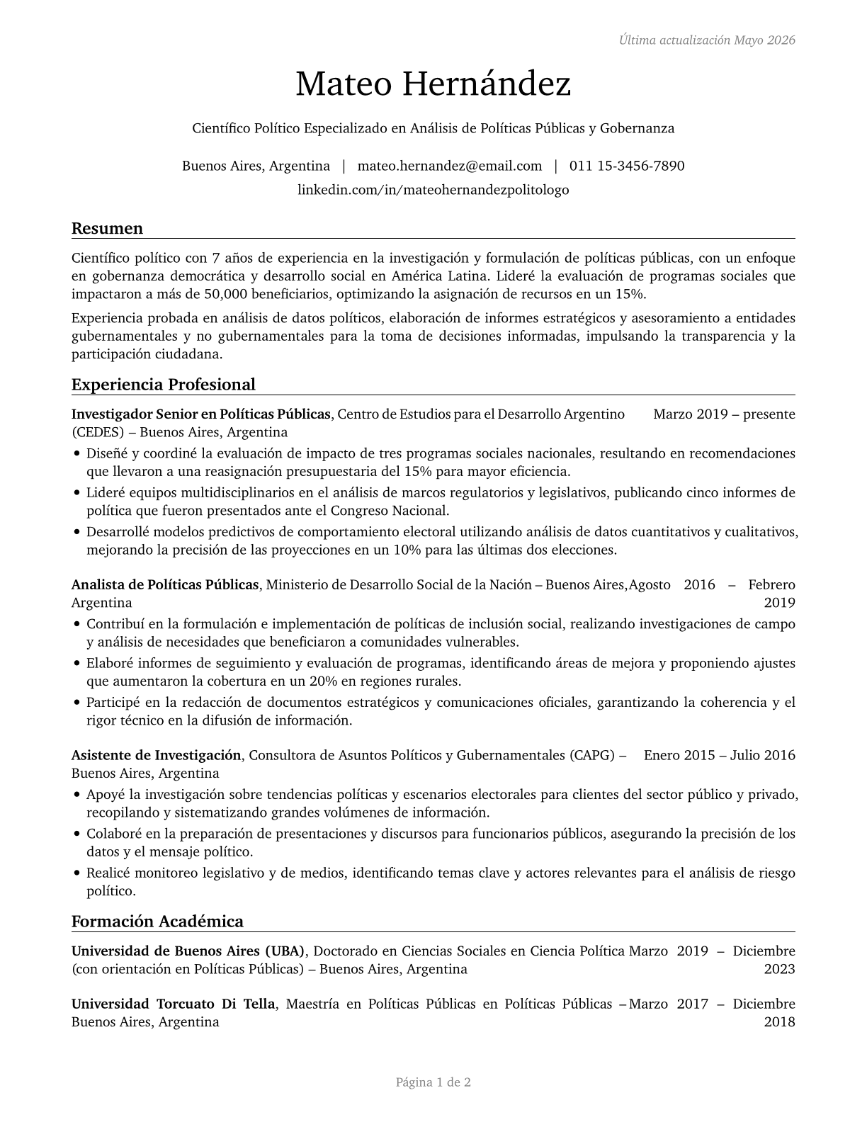 Political Scientists CV in Spanish — page 1
