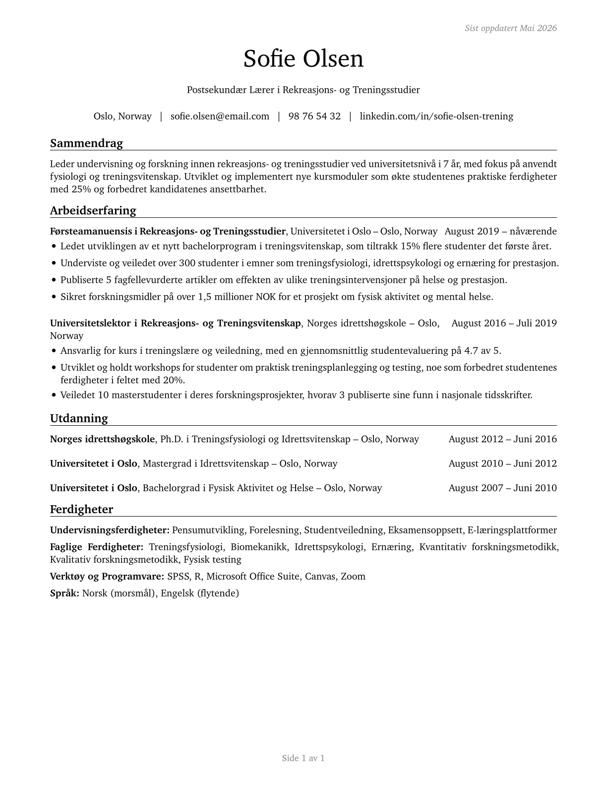 Recreation and Fitness Studies Teachers, Postsecondary CV in Norwegian_bokmal — page 1