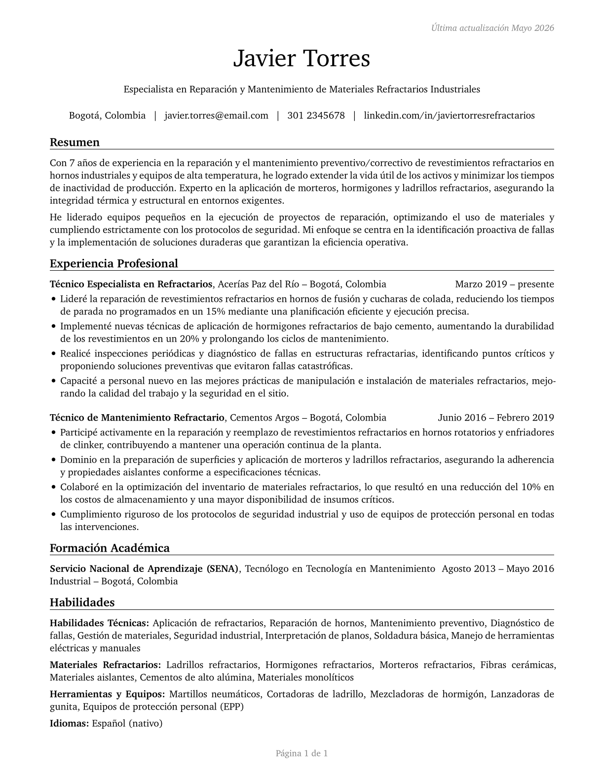 Refractory Materials Repairers, Except Brickmasons CV in Spanish — page 1