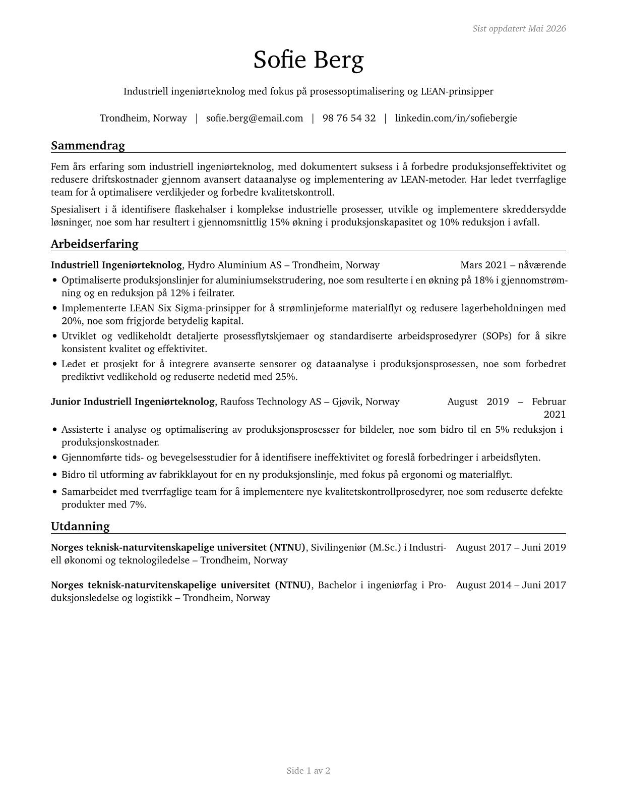 Industrial Engineering Technologists and Technicians CV in Norwegian_bokmal — page 1