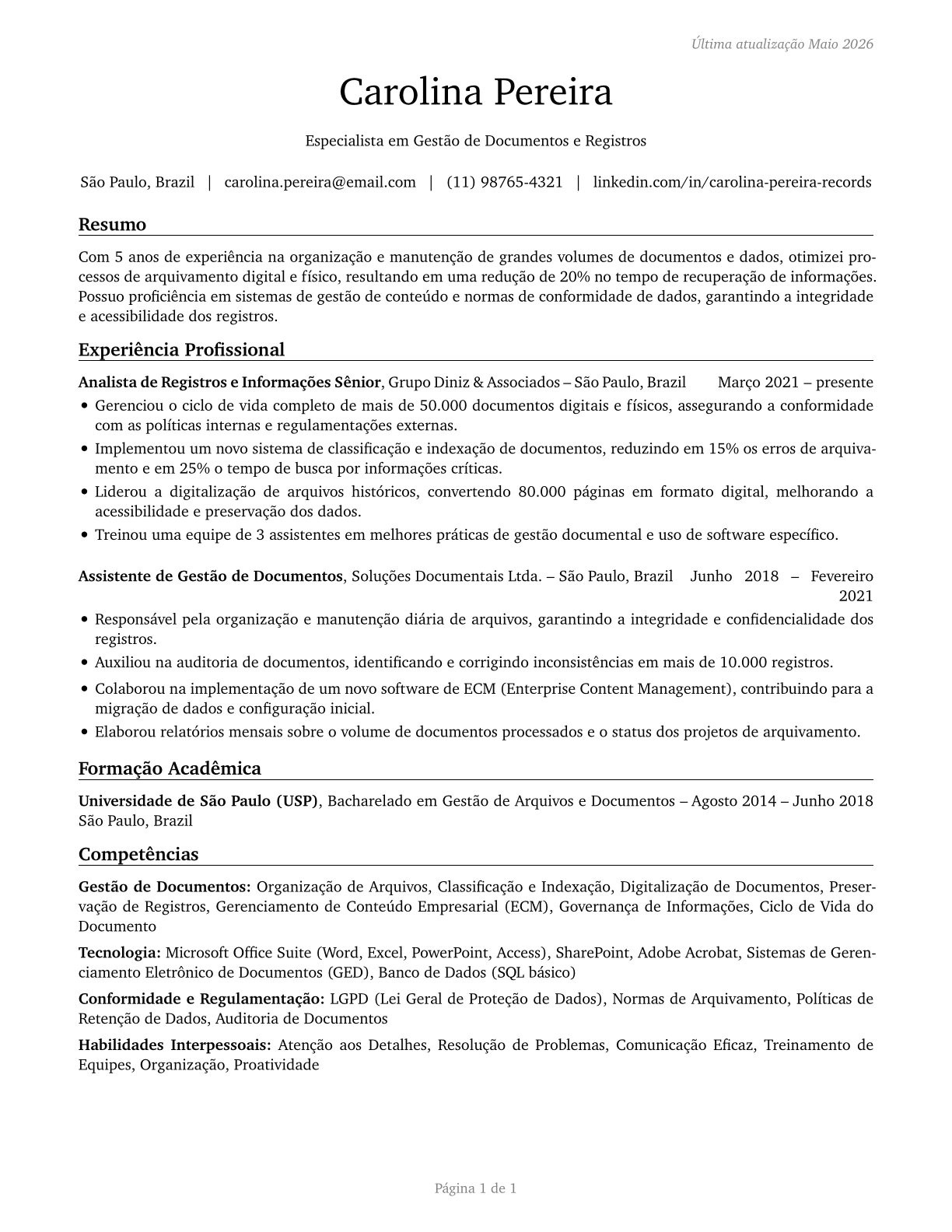 Information and Record Clerks, All Other CV in Portuguese — page 1