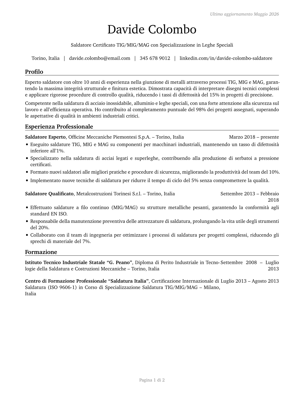 Welders, Cutters, Solderers, and Brazers CV in Italian — page 1