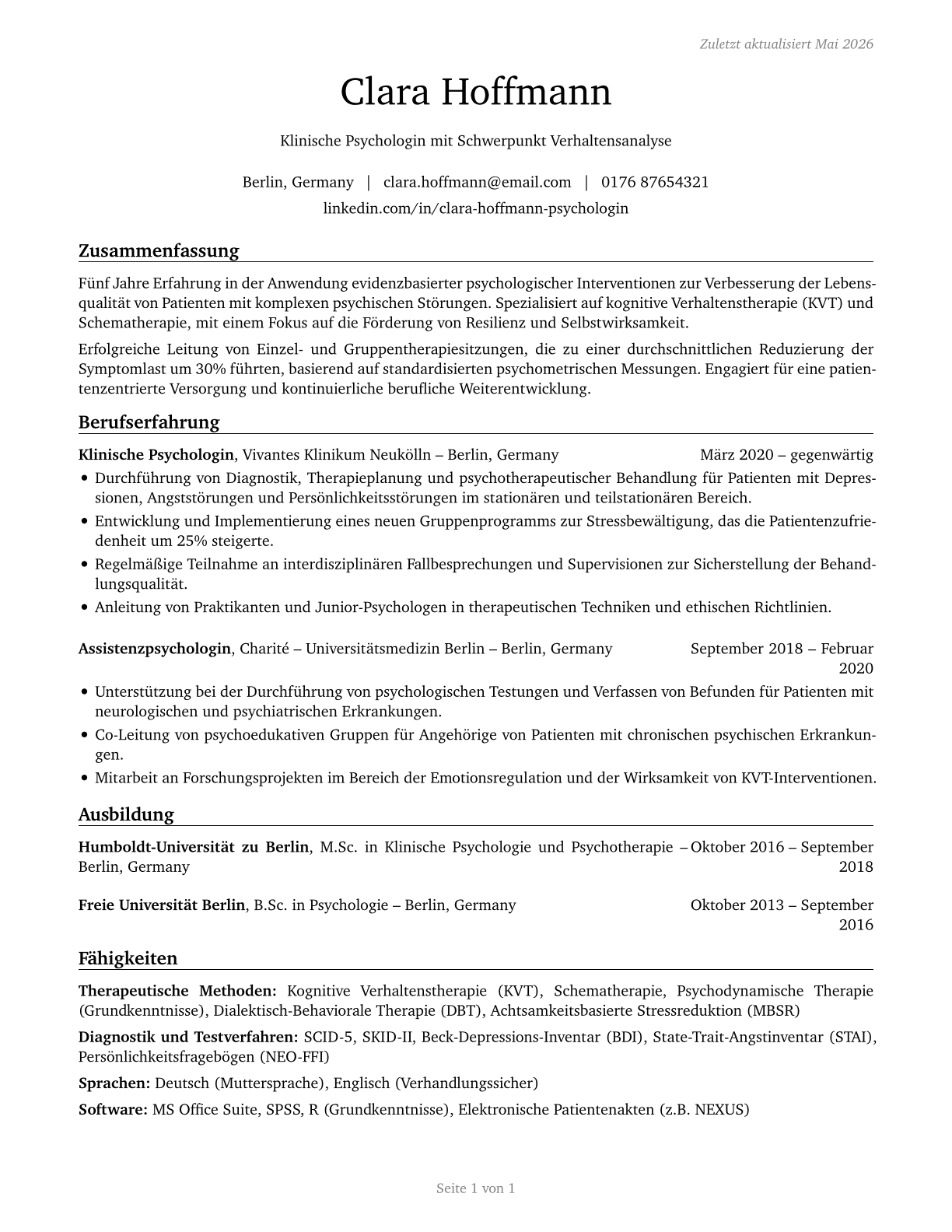 Psychologists, All Other CV in German — page 1