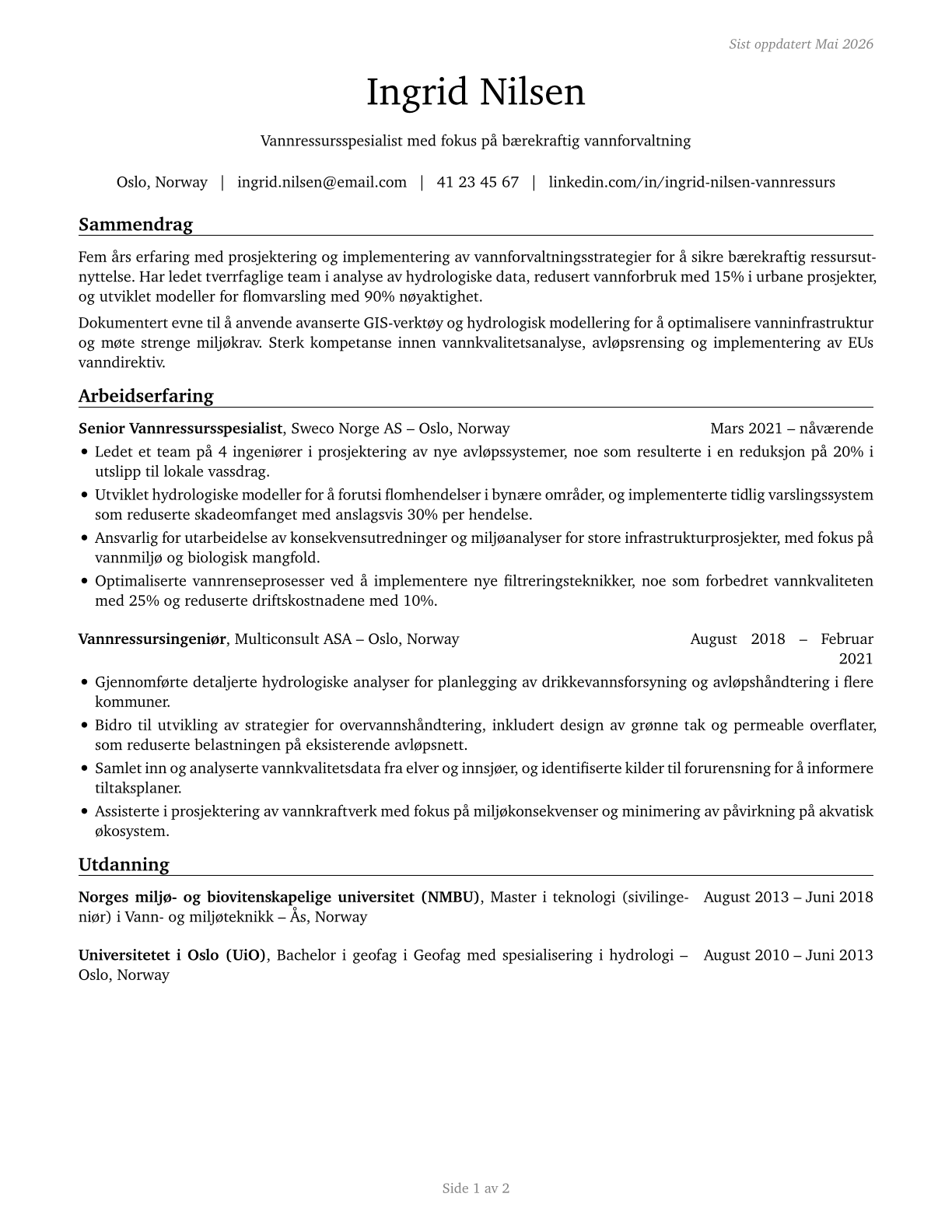 Water Resource Specialists CV in Norwegian_bokmal — page 1