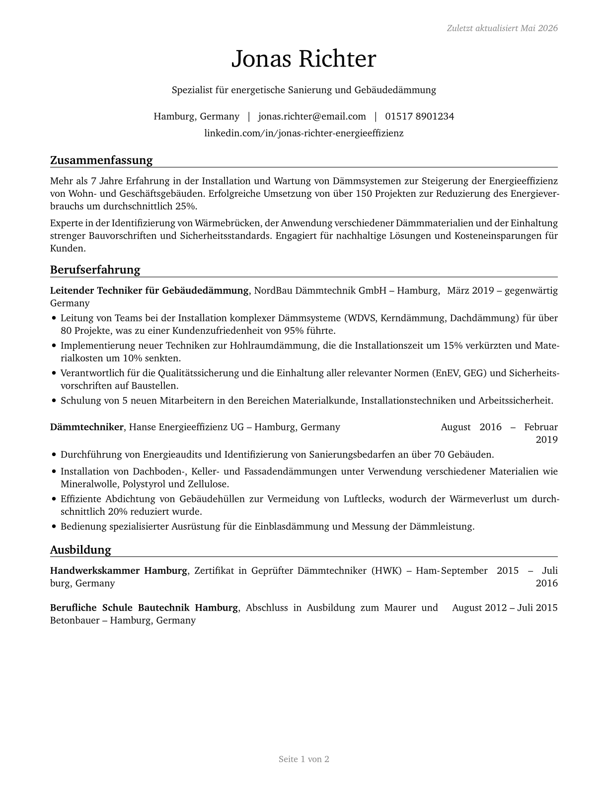 Weatherization Installers and Technicians CV in German — page 1