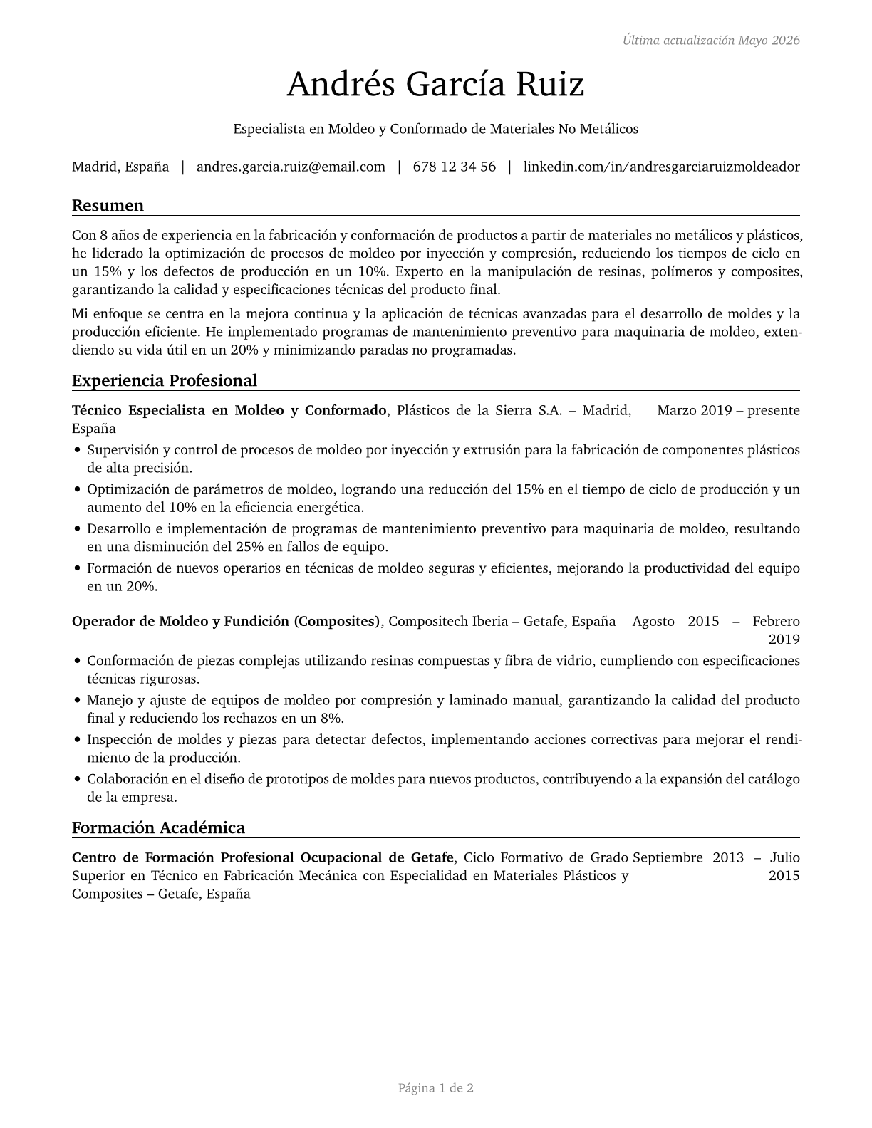 Molders, Shapers, and Casters, Except Metal and Plastic CV in Spanish — page 1