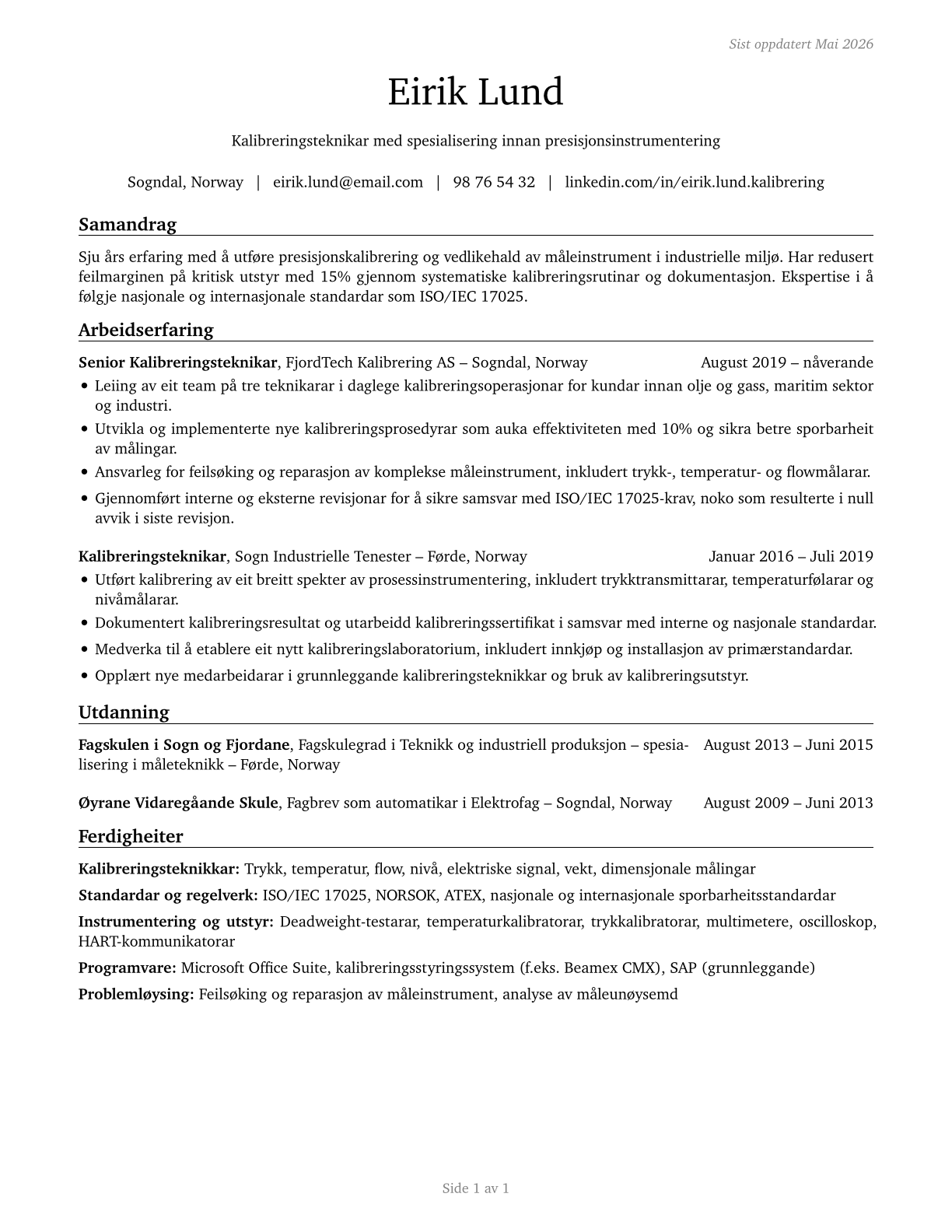 Calibration Technologists and Technicians CV in Norwegian_nynorsk — page 1