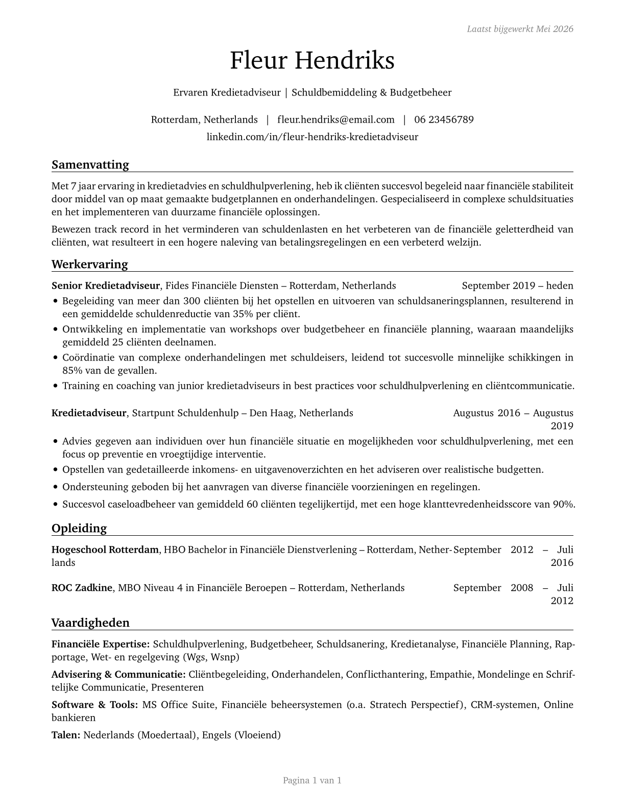 Credit Counselors CV in Dutch — page 1