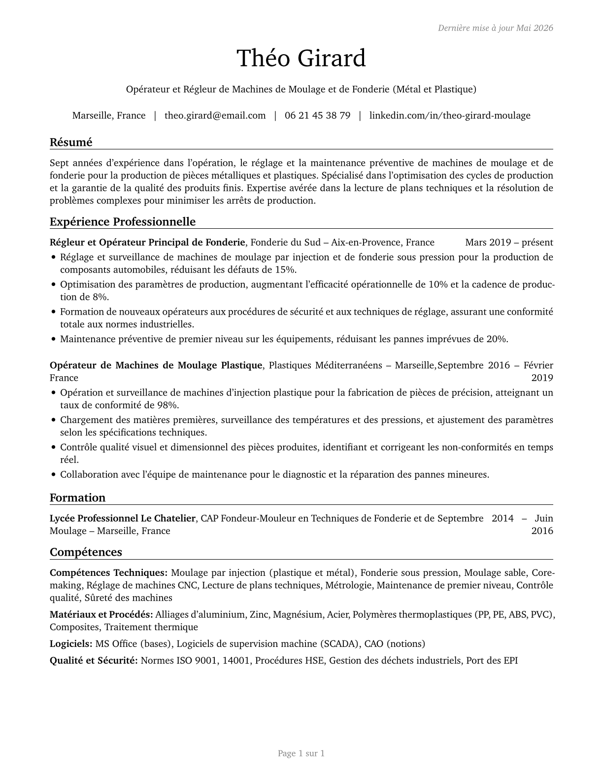 Molding, Coremaking, and Casting Machine Setters, Operators, and Tenders, Metal and Plastic CV in French — page 1