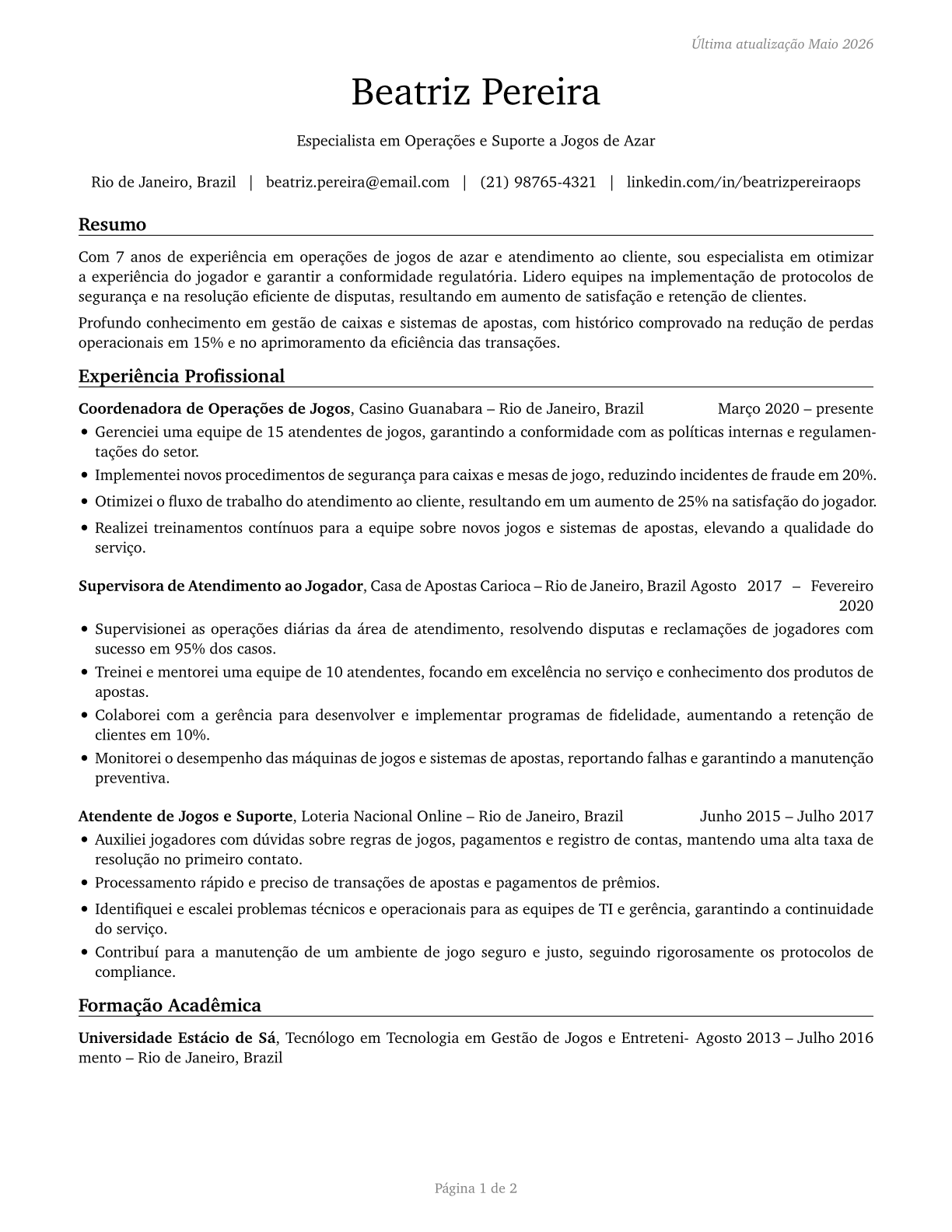 Gambling Service Workers, All Other CV in Portuguese — page 1