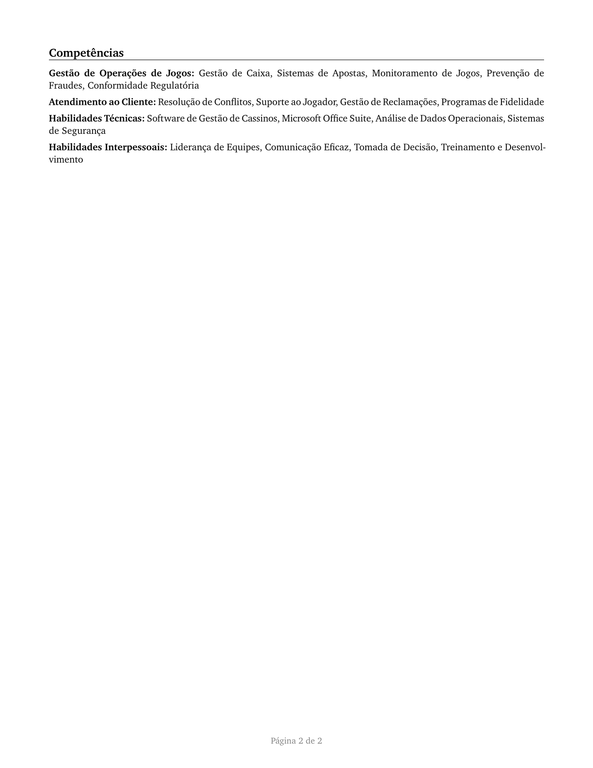 Gambling Service Workers, All Other CV in Portuguese — page 2