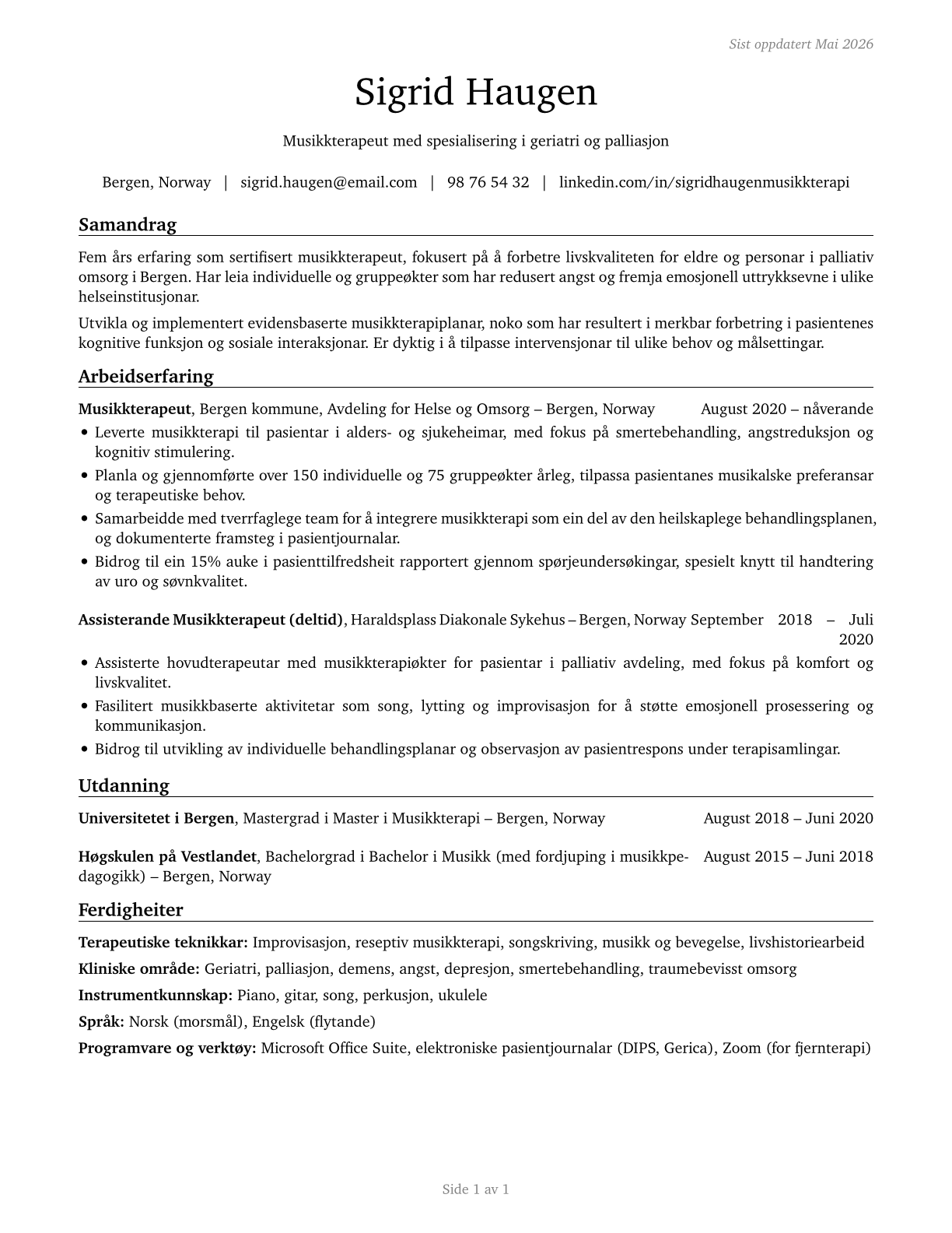 Music Therapists CV in Norwegian_nynorsk — page 1