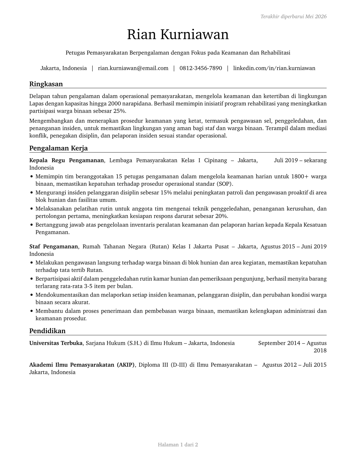 Correctional Officers and Jailers CV in Indonesian — page 1