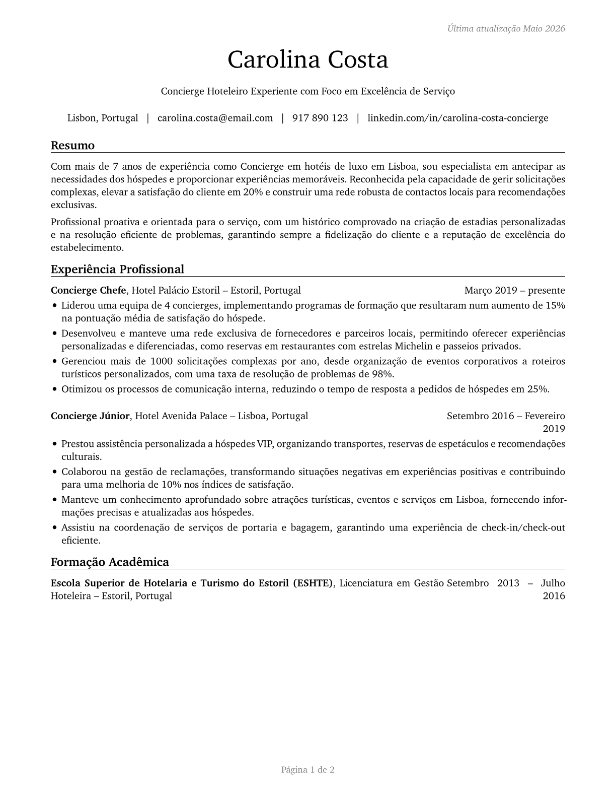 Concierges CV in Portuguese — page 1