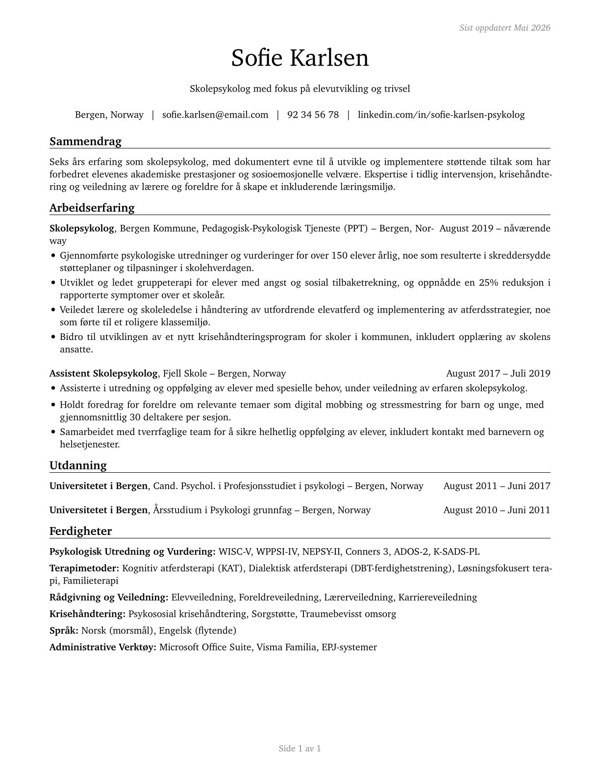 School Psychologists CV in Norwegian_bokmal — page 1