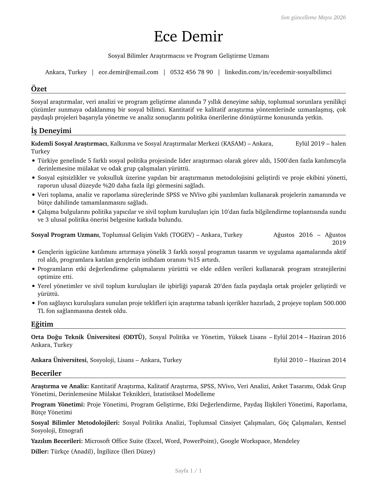 Social Scientists and Related Workers, All Other CV in Turkish — page 1
