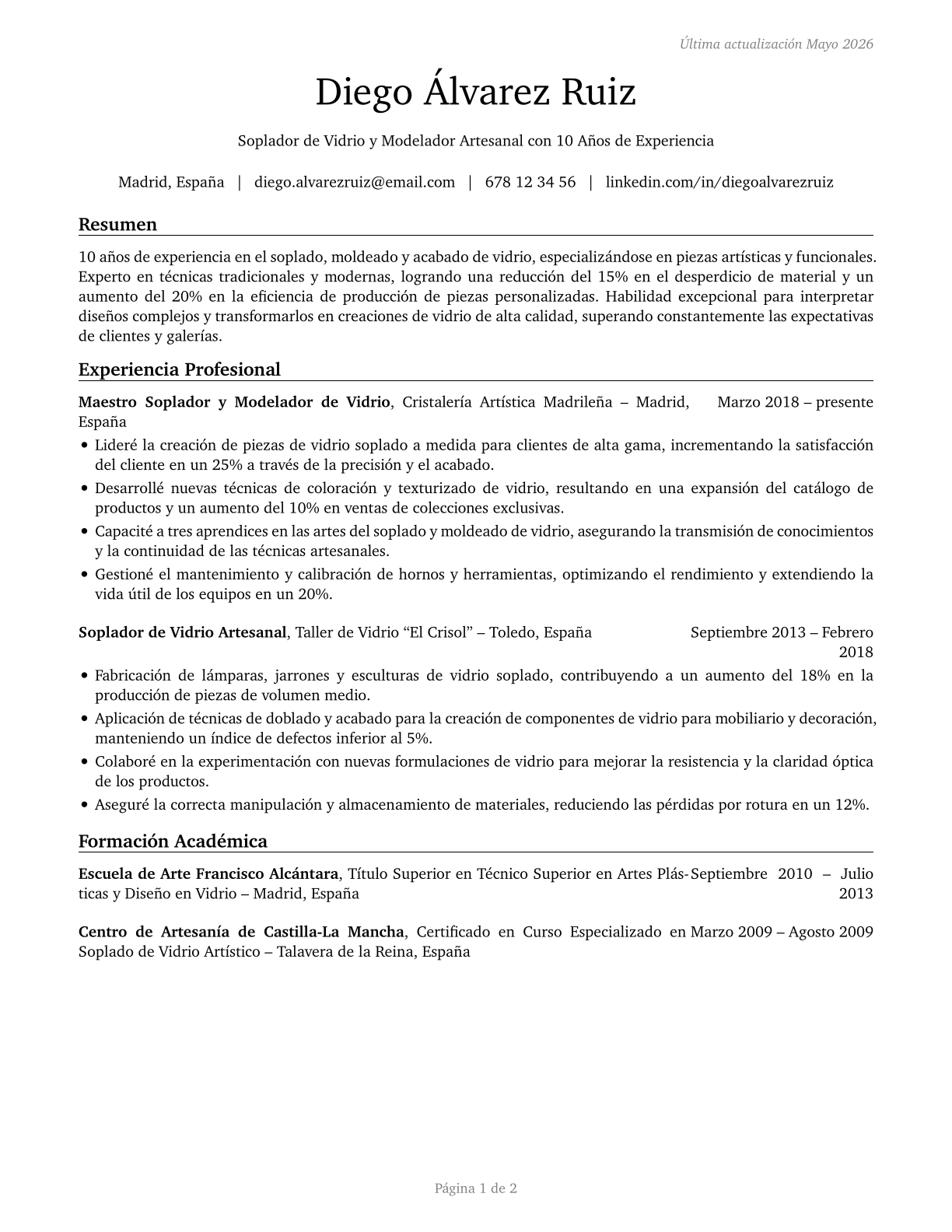 Glass Blowers, Molders, Benders, and Finishers CV in Spanish — page 1