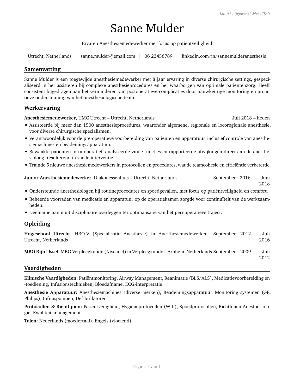 Anesthesiologist Assistants CV in Dutch — page 1