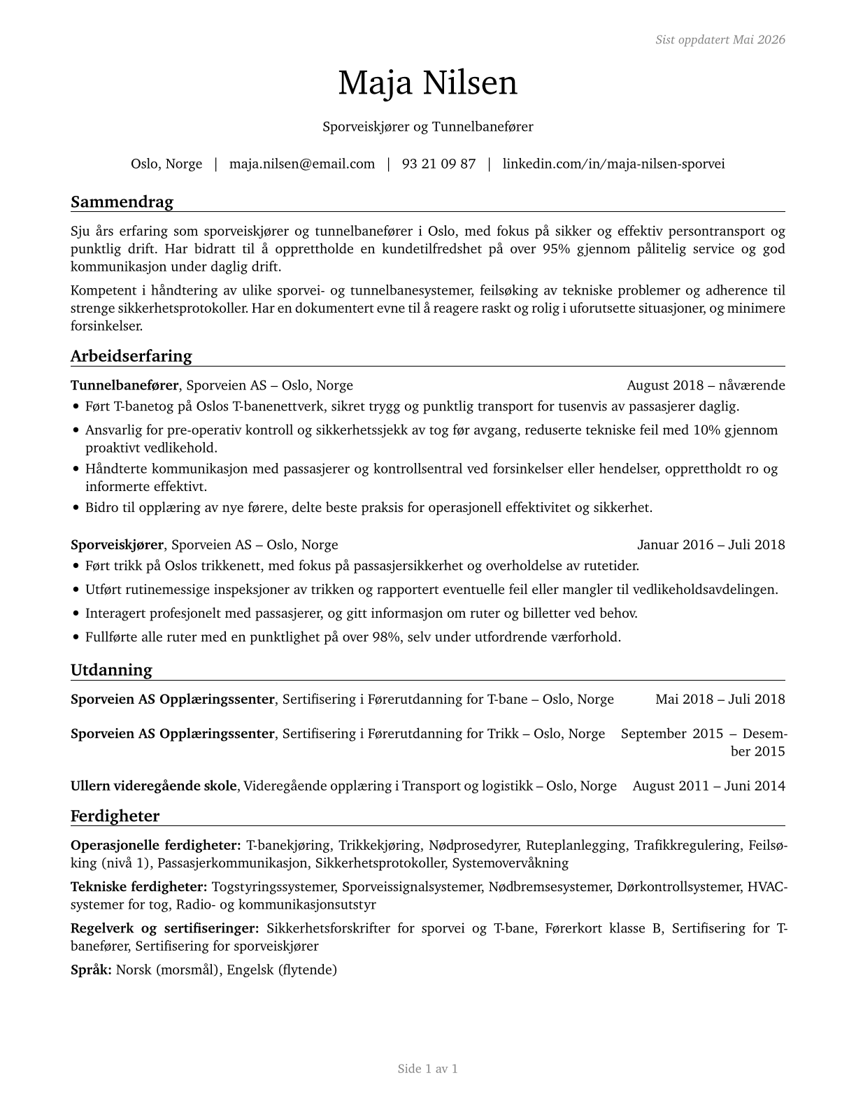 Subway and Streetcar Operators CV in Norwegian_bokmal — page 1