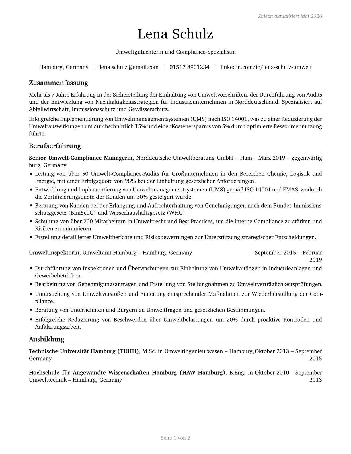 Environmental Compliance Inspectors CV in German — page 1