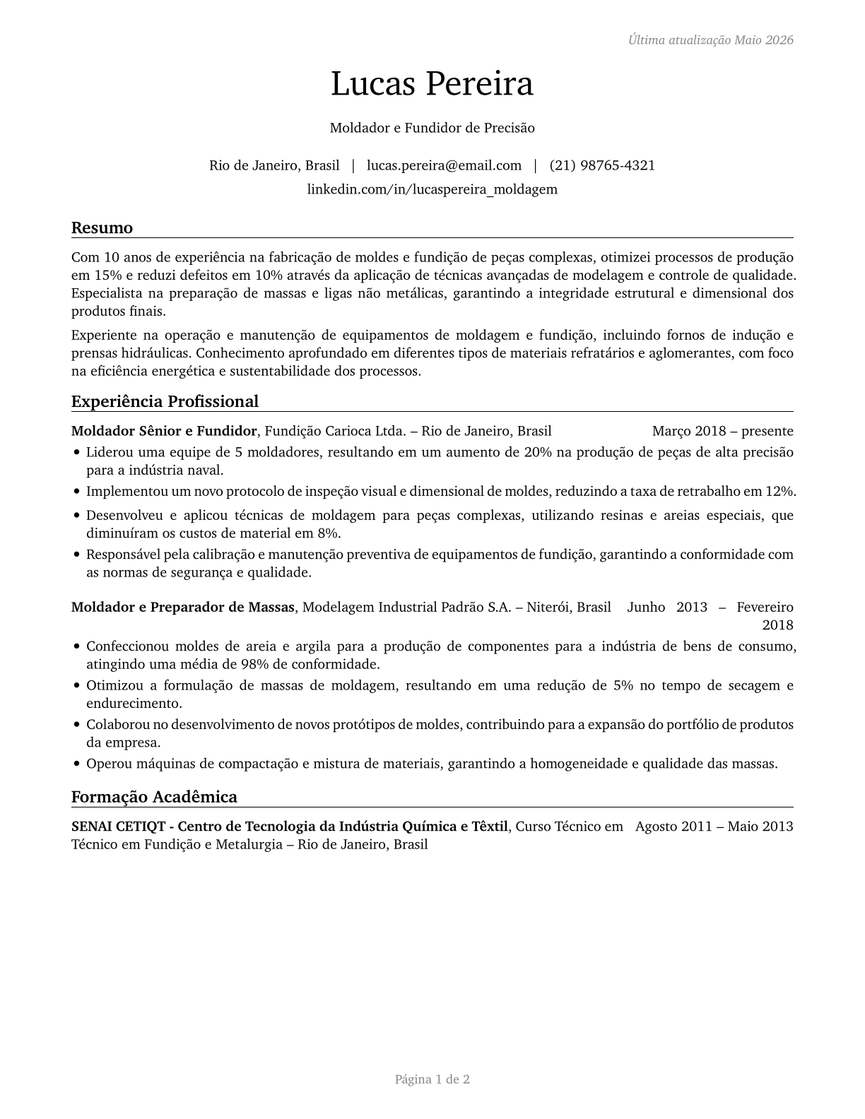 Molders, Shapers, and Casters, Except Metal and Plastic CV in Portuguese — page 1