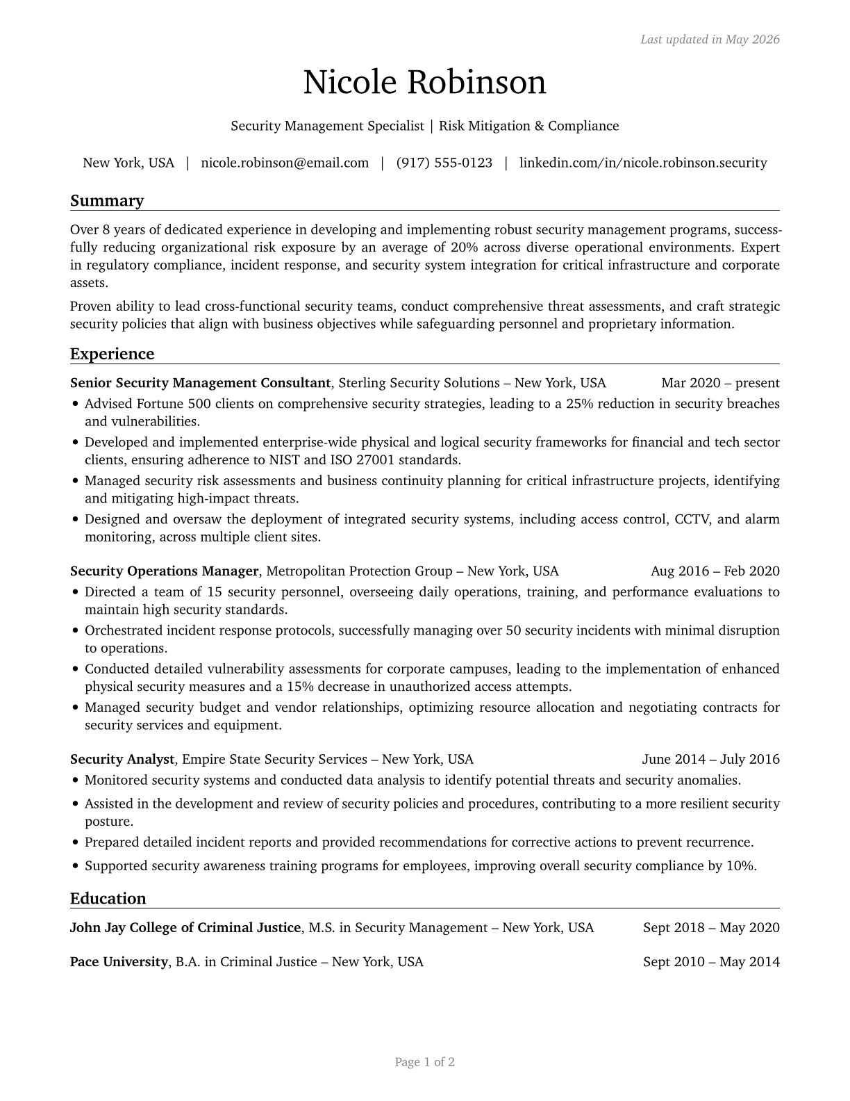 Security Management Specialists CV in English — page 1