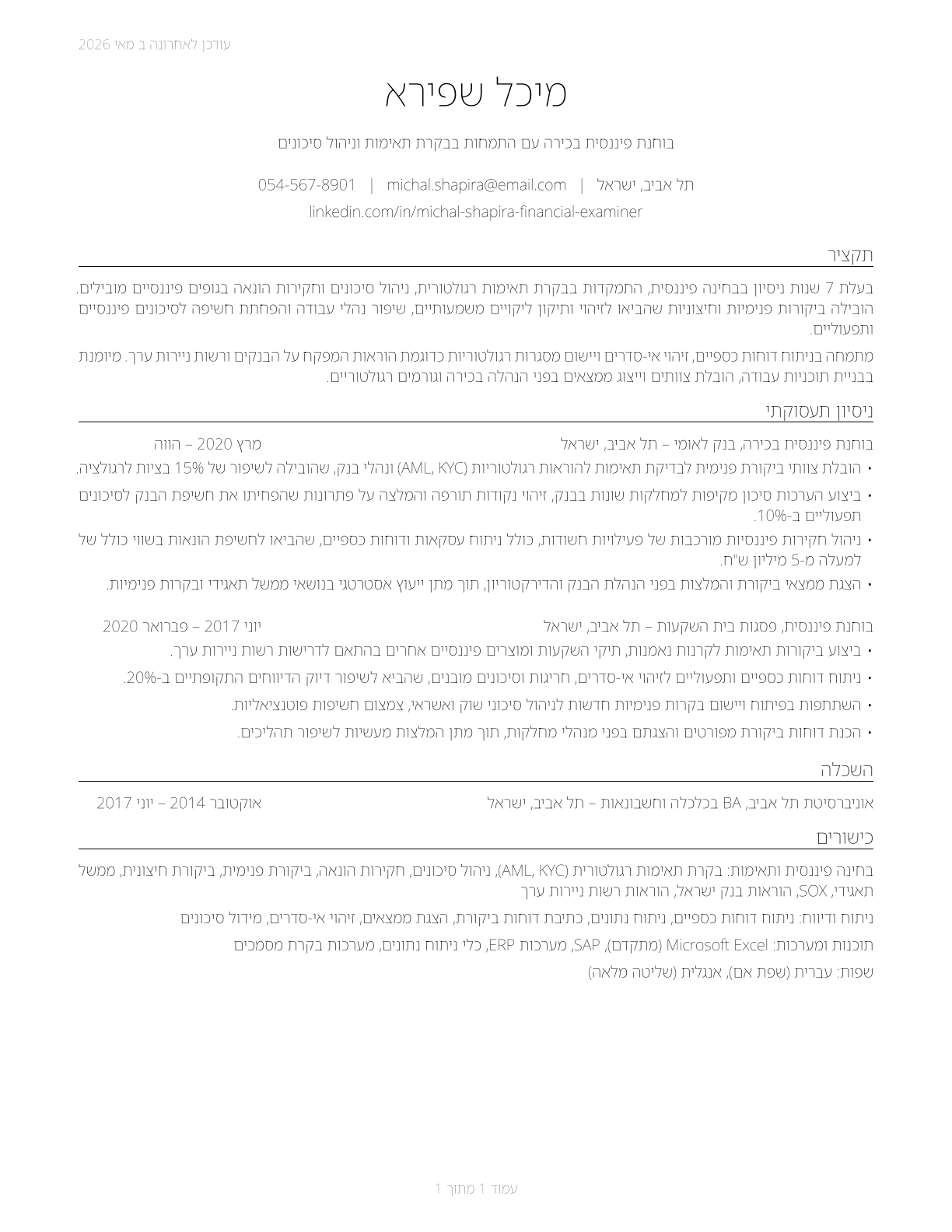Financial Examiners CV in Hebrew — page 1