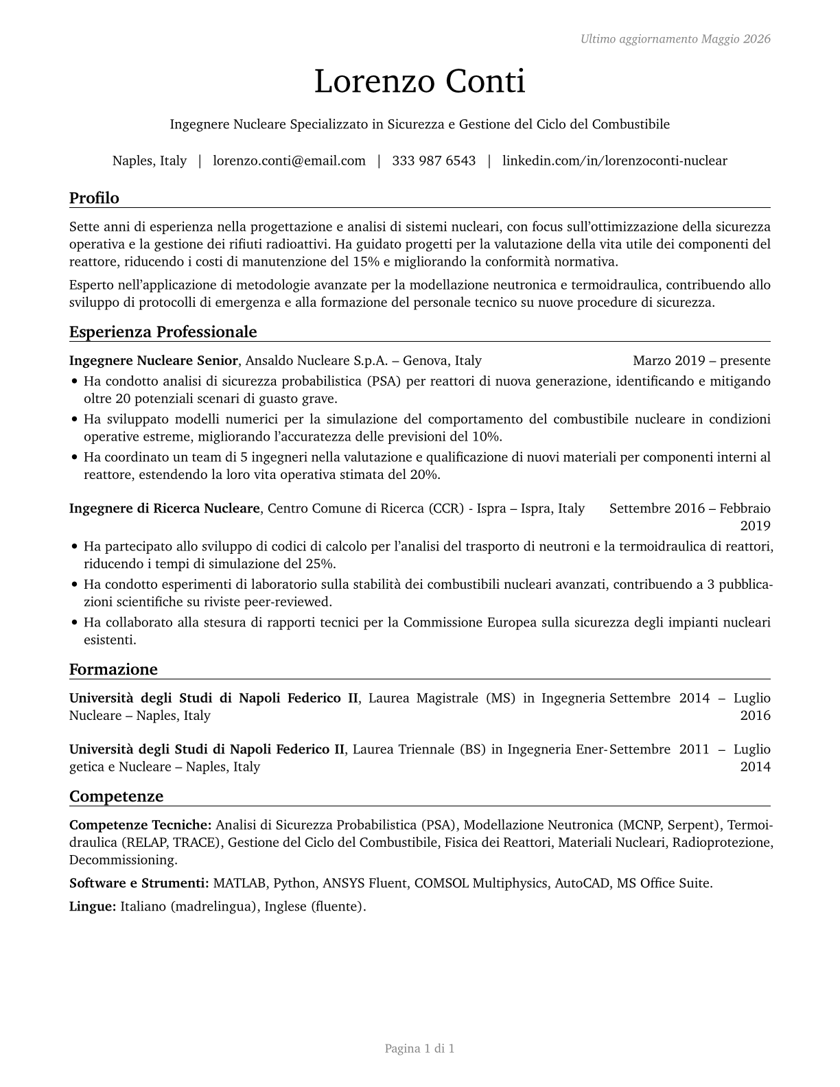 Nuclear Engineers CV in Italian — page 1