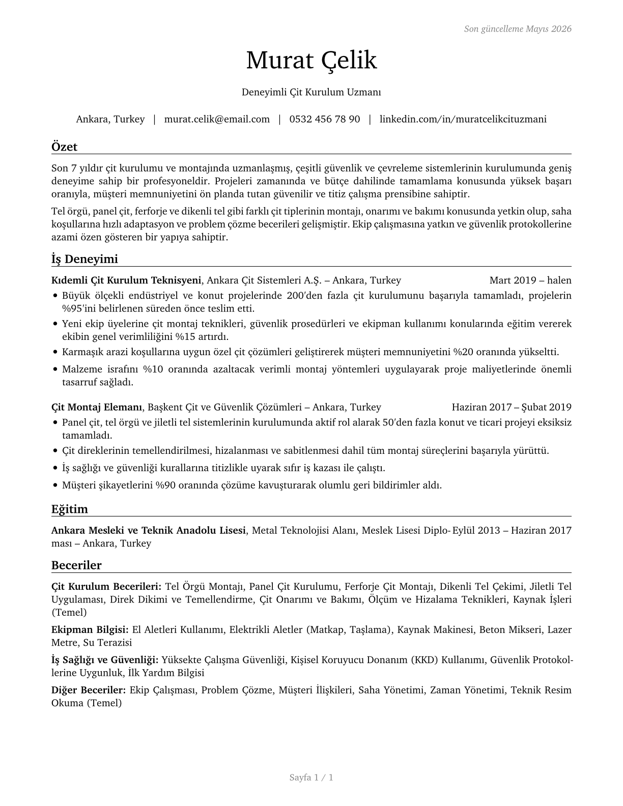 Fence Erectors CV in Turkish — page 1