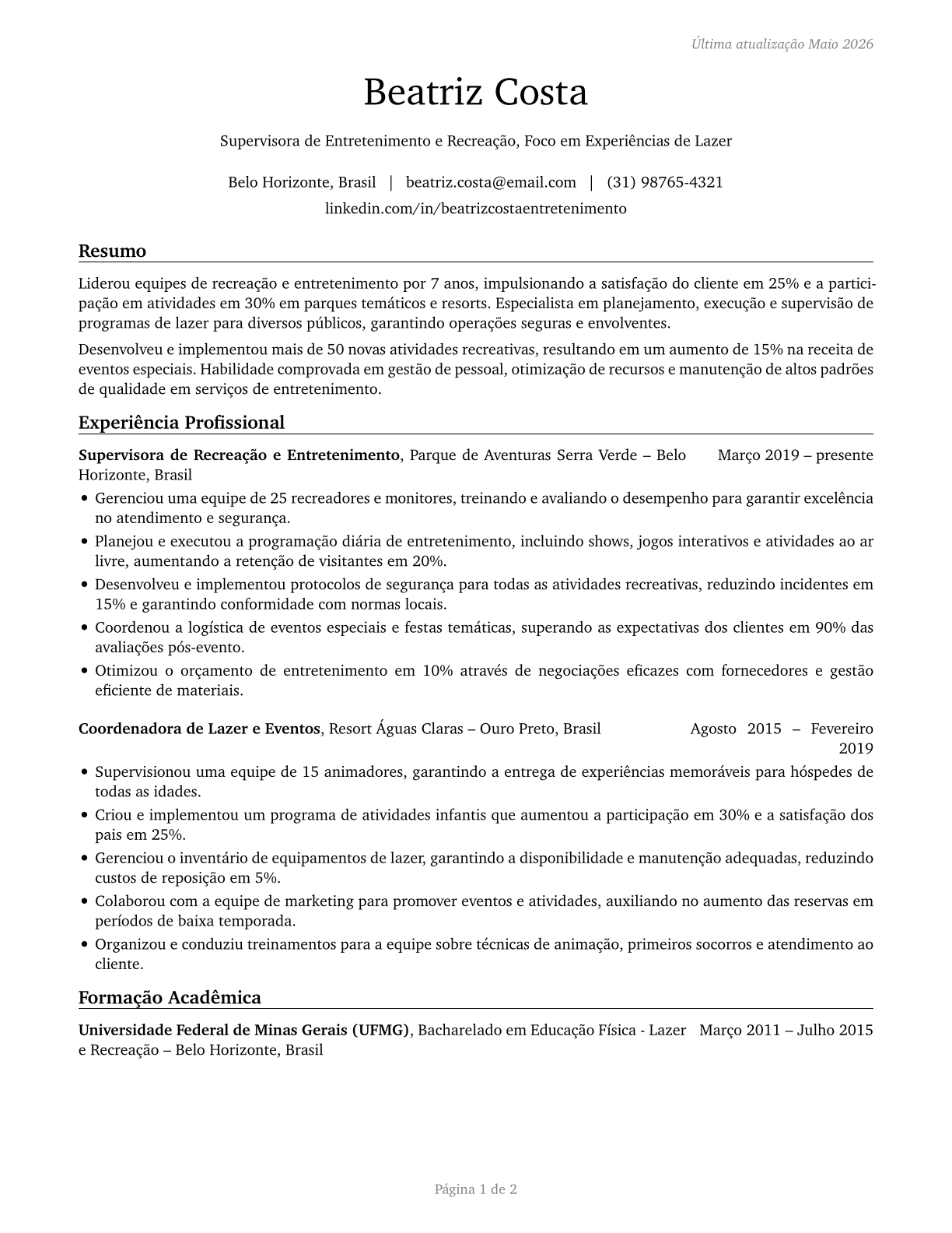 First-Line Supervisors of Entertainment and Recreation Workers, Except Gambling Services CV in Portuguese — page 1