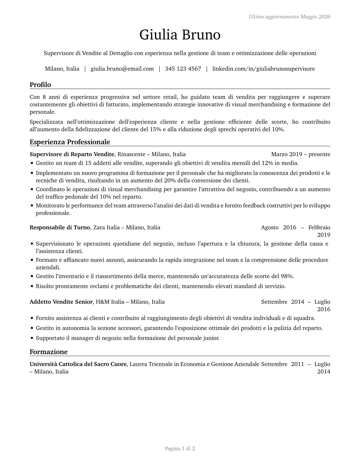 First-Line Supervisors of Retail Sales Workers CV in Italian — page 1