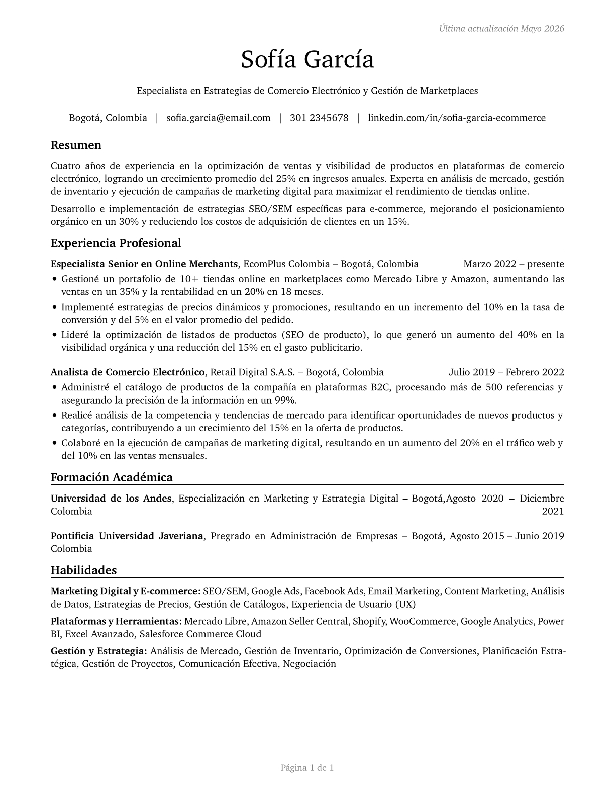 Online Merchants CV in Spanish — page 1