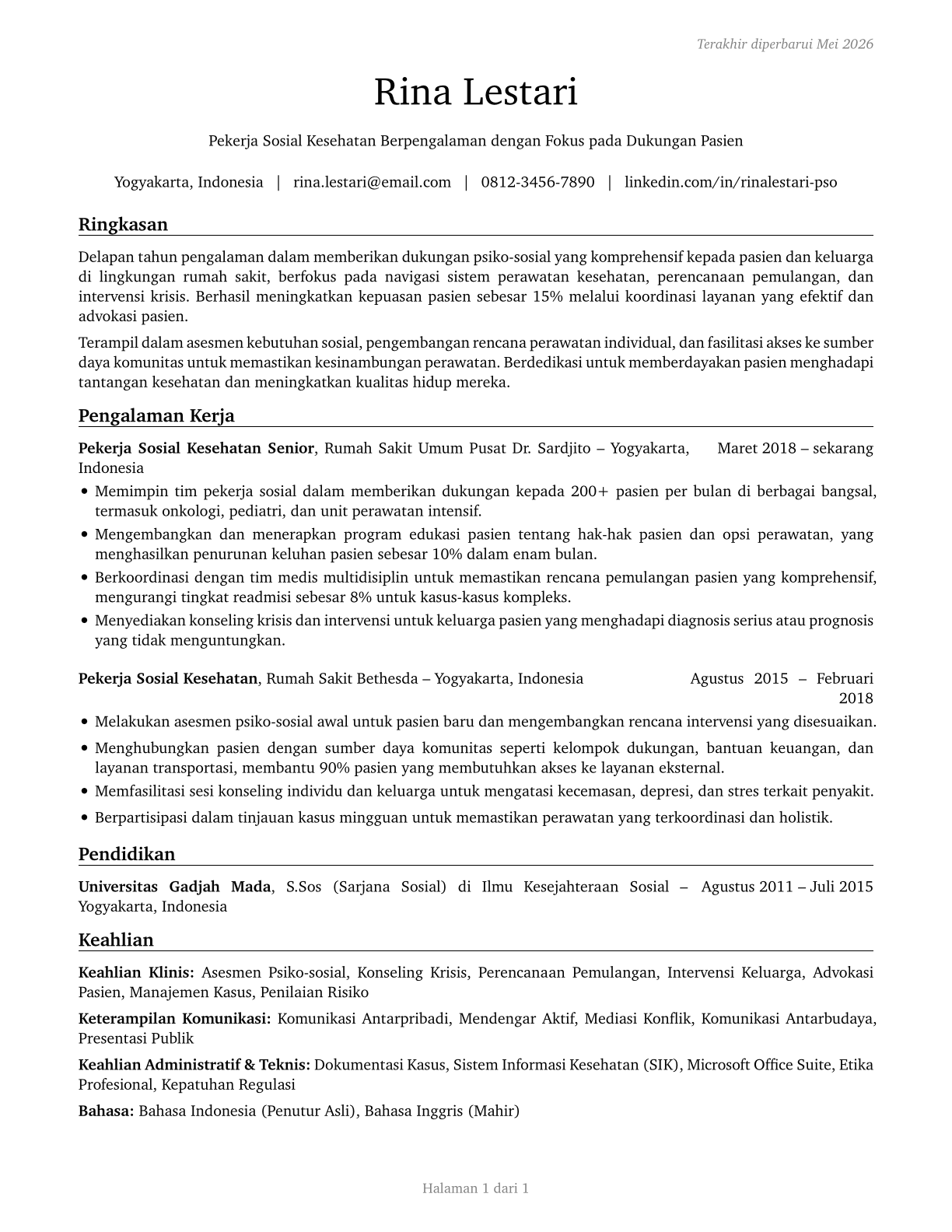 Healthcare Social Workers CV in Indonesian — page 1