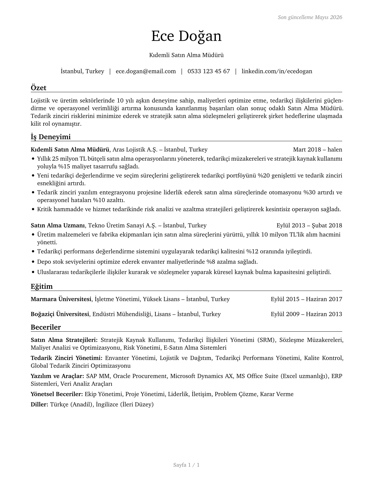 Purchasing Managers CV in Turkish — page 1