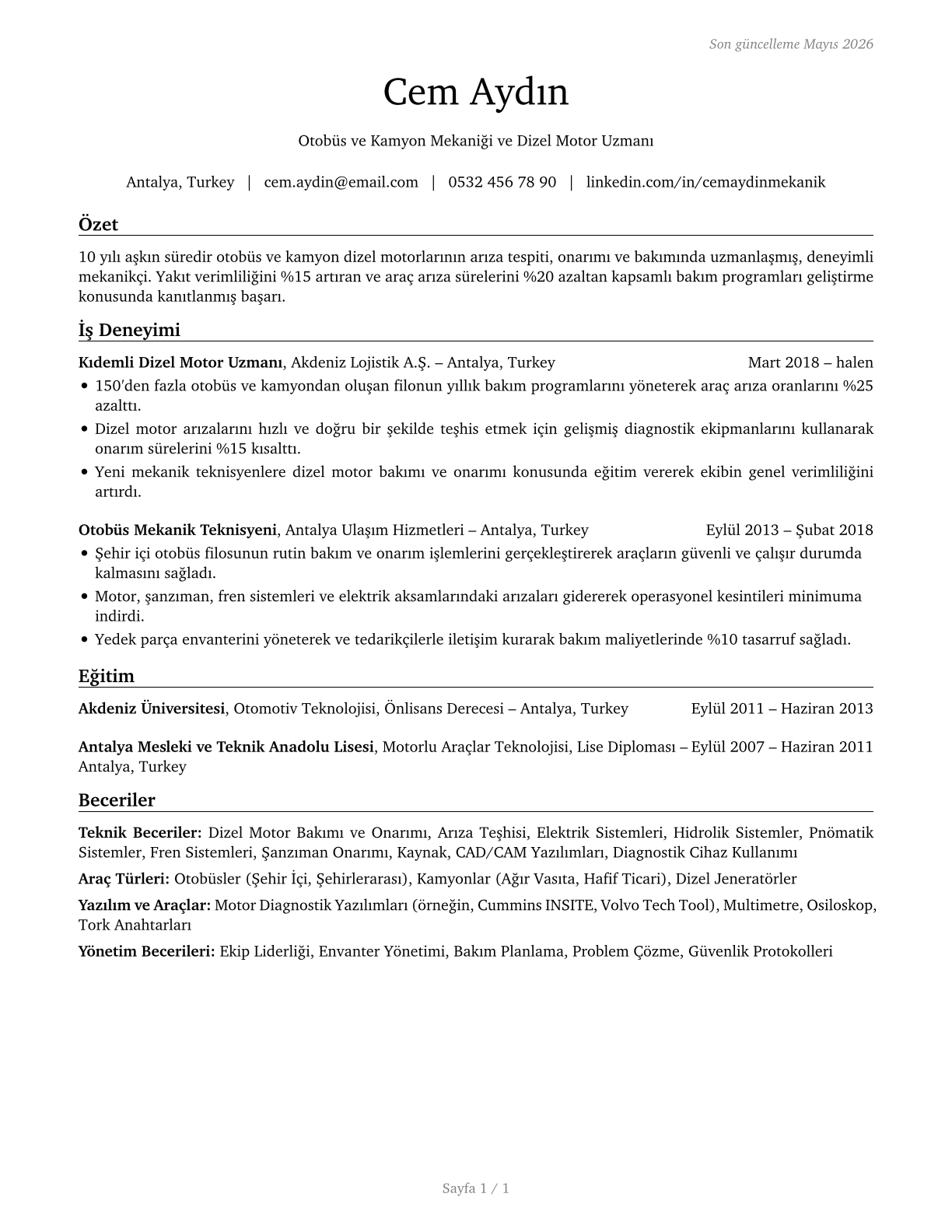 Bus and Truck Mechanics and Diesel Engine Specialists CV in Turkish — page 1