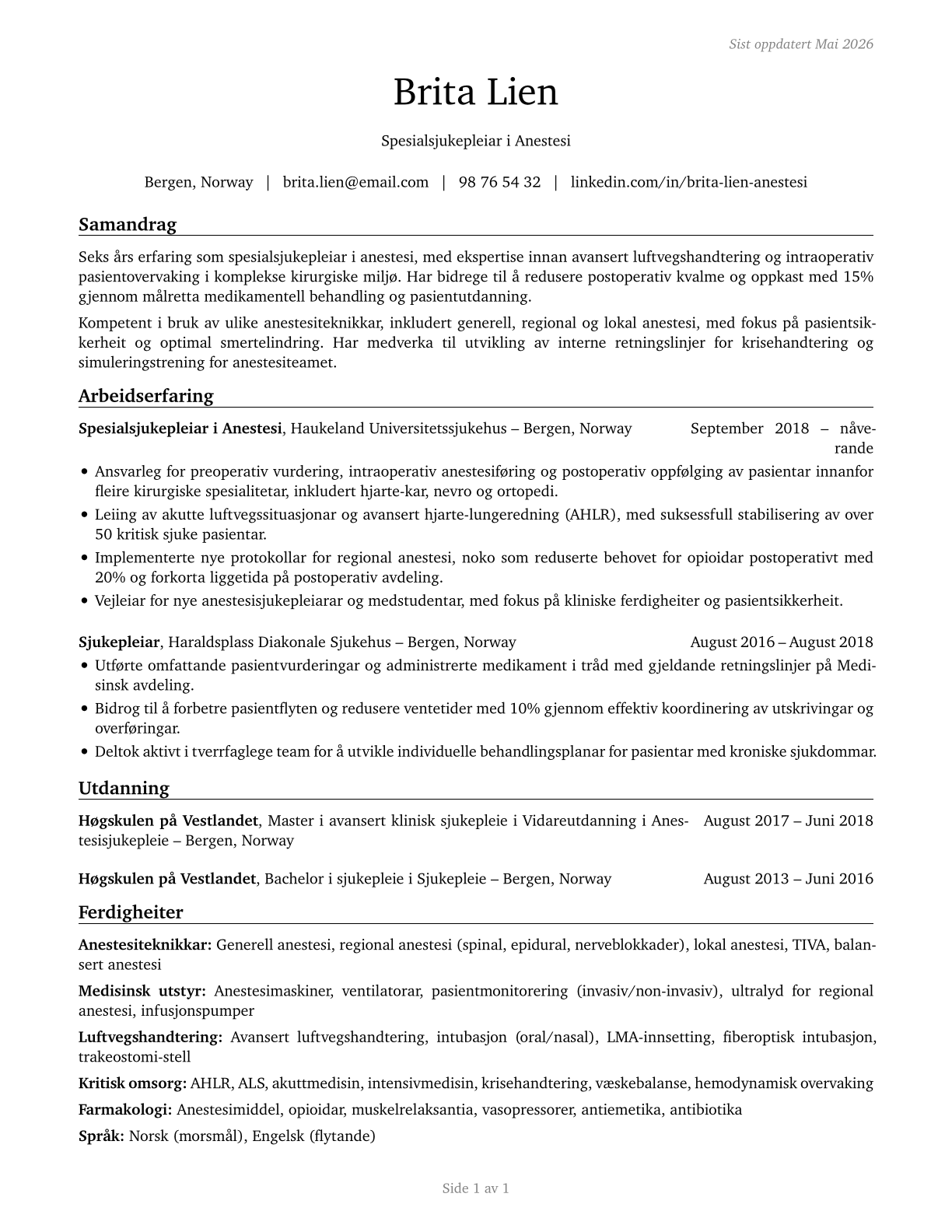 Nurse Anesthetists CV in Norwegian_nynorsk — page 1