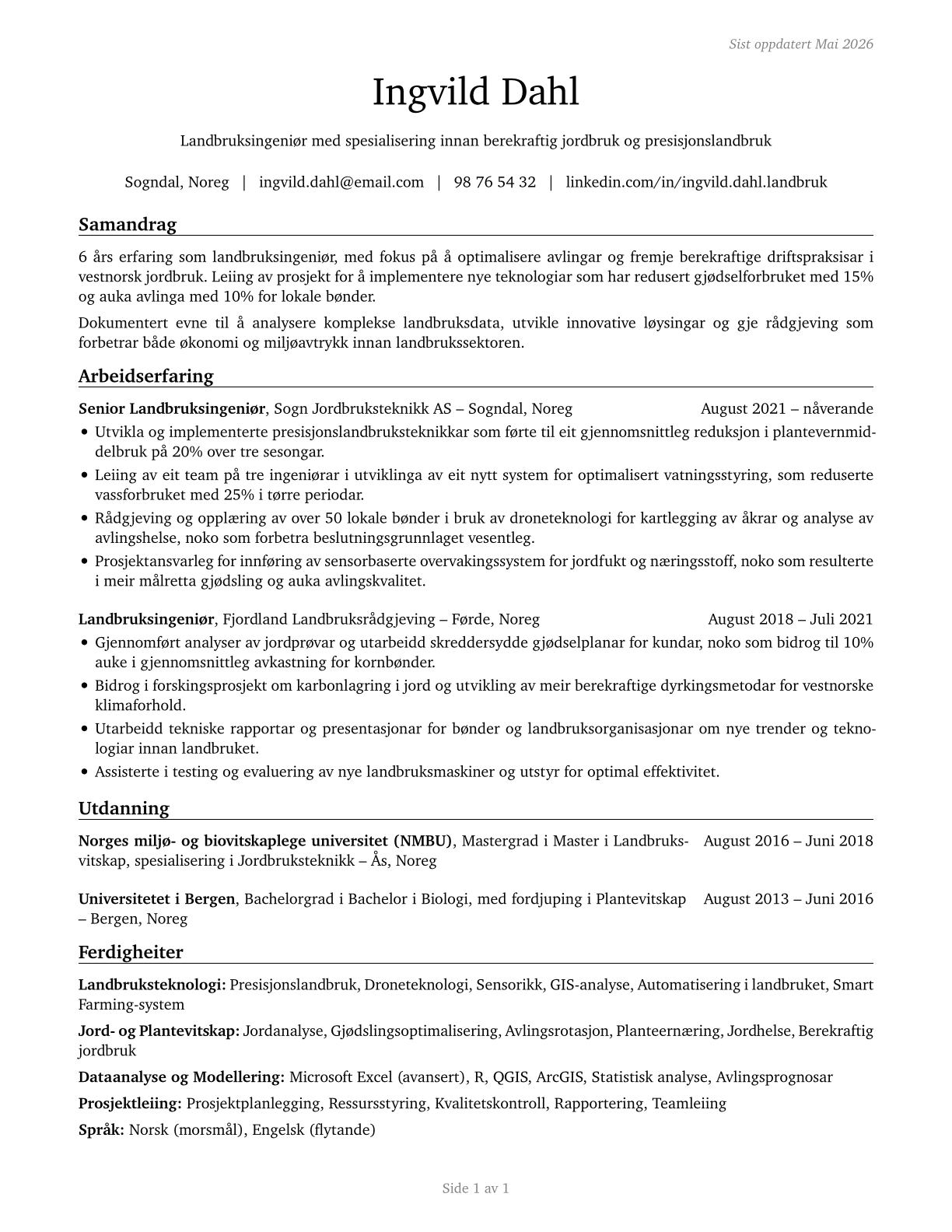 Agricultural Engineers CV in Norwegian_nynorsk — page 1