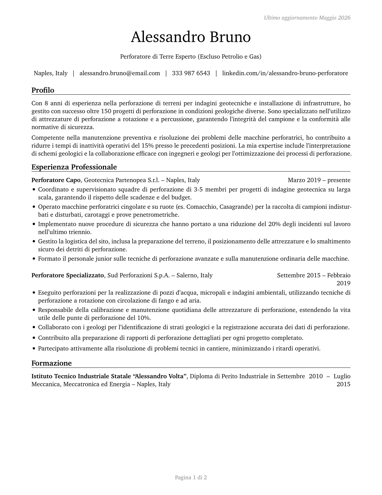 Earth Drillers, Except Oil and Gas CV in Italian — page 1