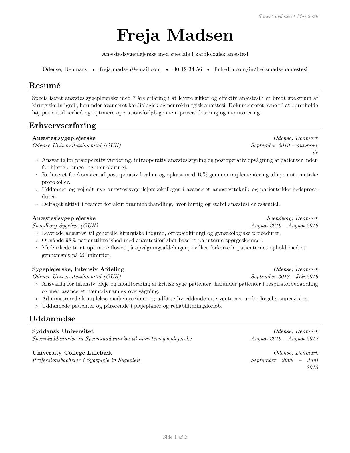 Nurse Anesthetists CV in Danish — page 1
