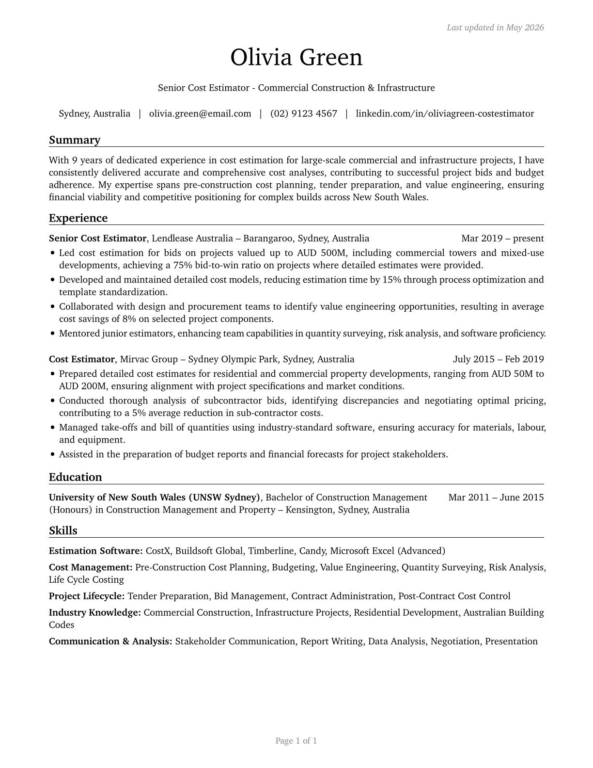 Cost Estimators CV in English — page 1