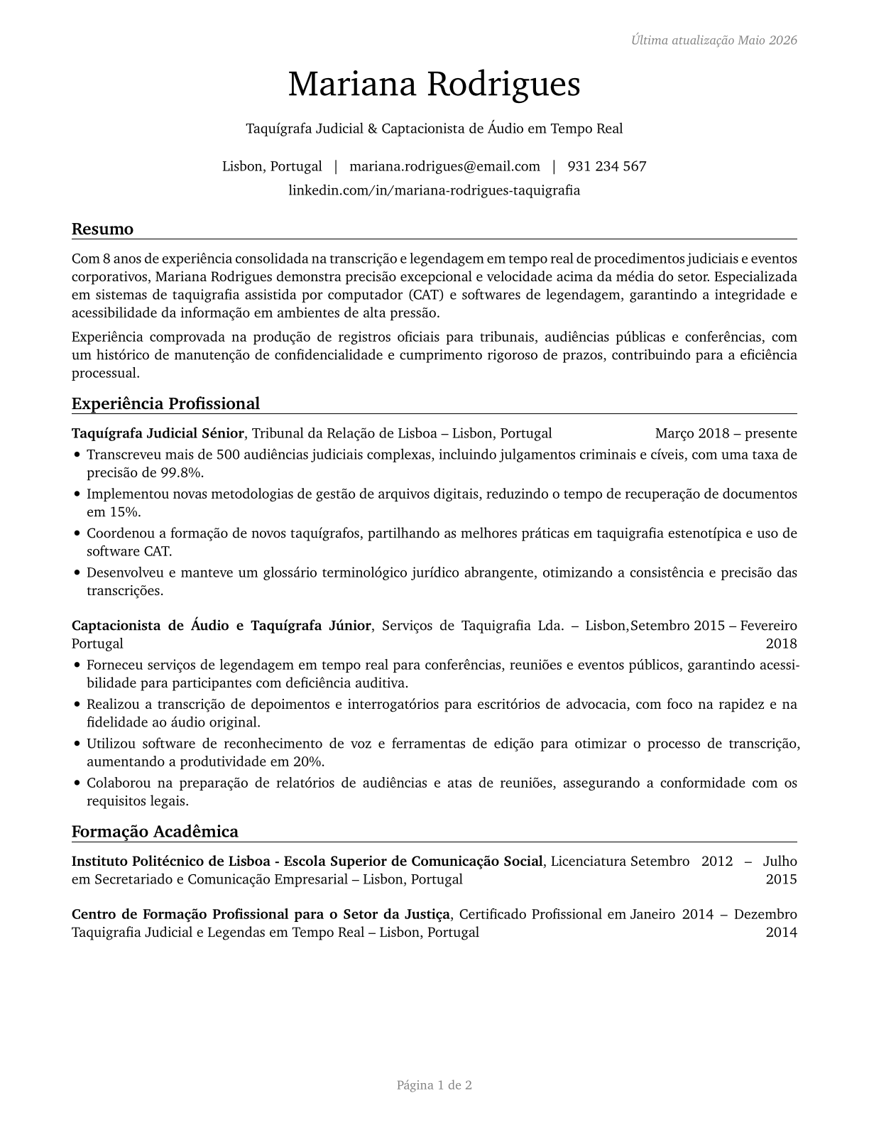 Court Reporters and Simultaneous Captioners CV in Portuguese — page 1