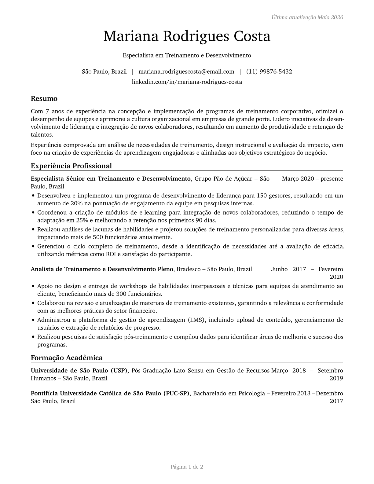 Training and Development Specialists CV in Portuguese — page 1