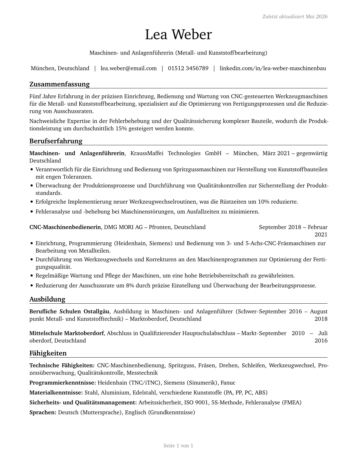 Multiple Machine Tool Setters, Operators, and Tenders, Metal and Plastic CV in German — page 1