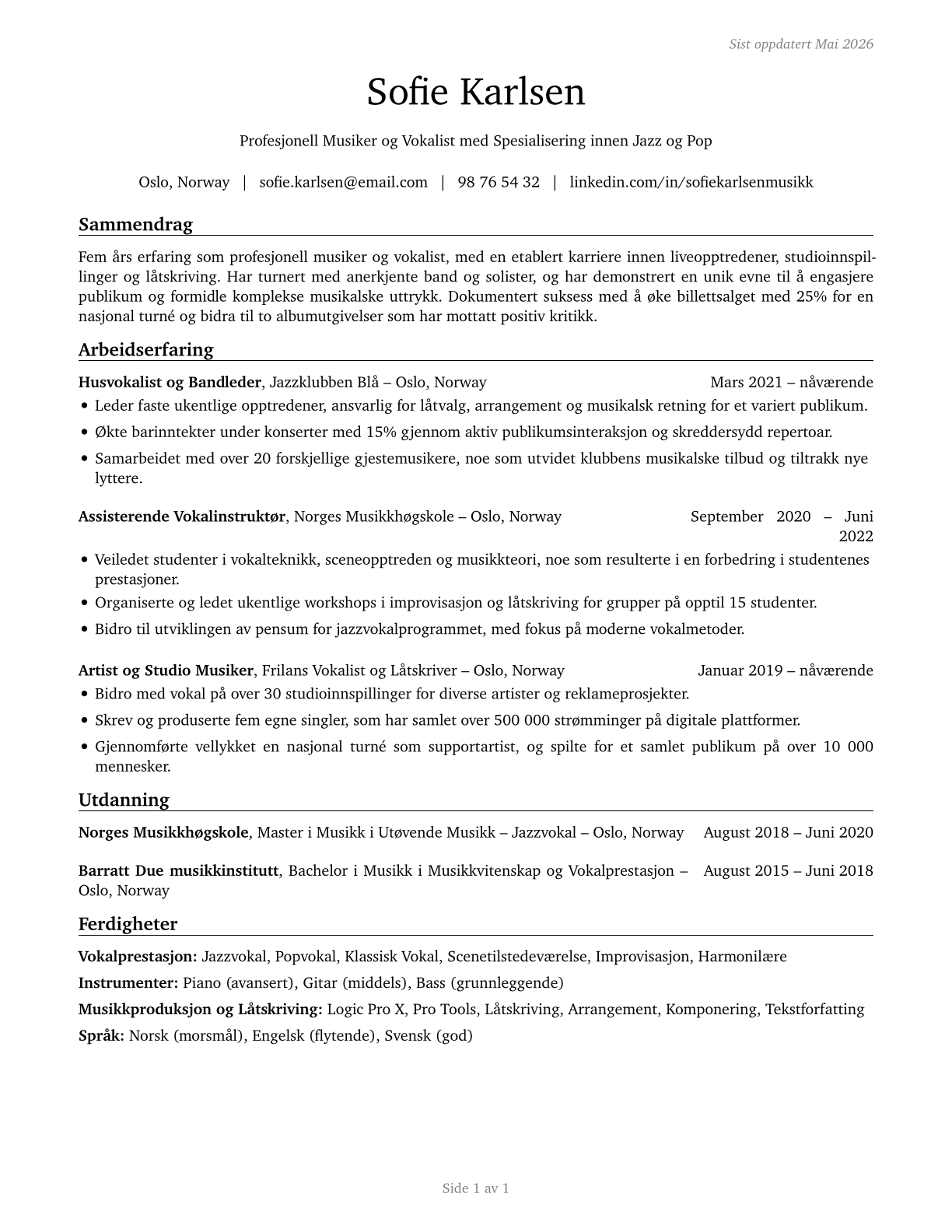 Musicians and Singers CV in Norwegian_bokmal — page 1