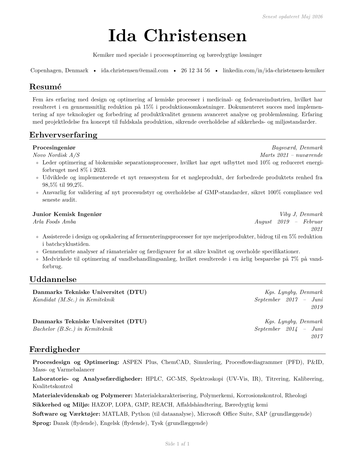 Chemical Engineers CV in Danish — page 1