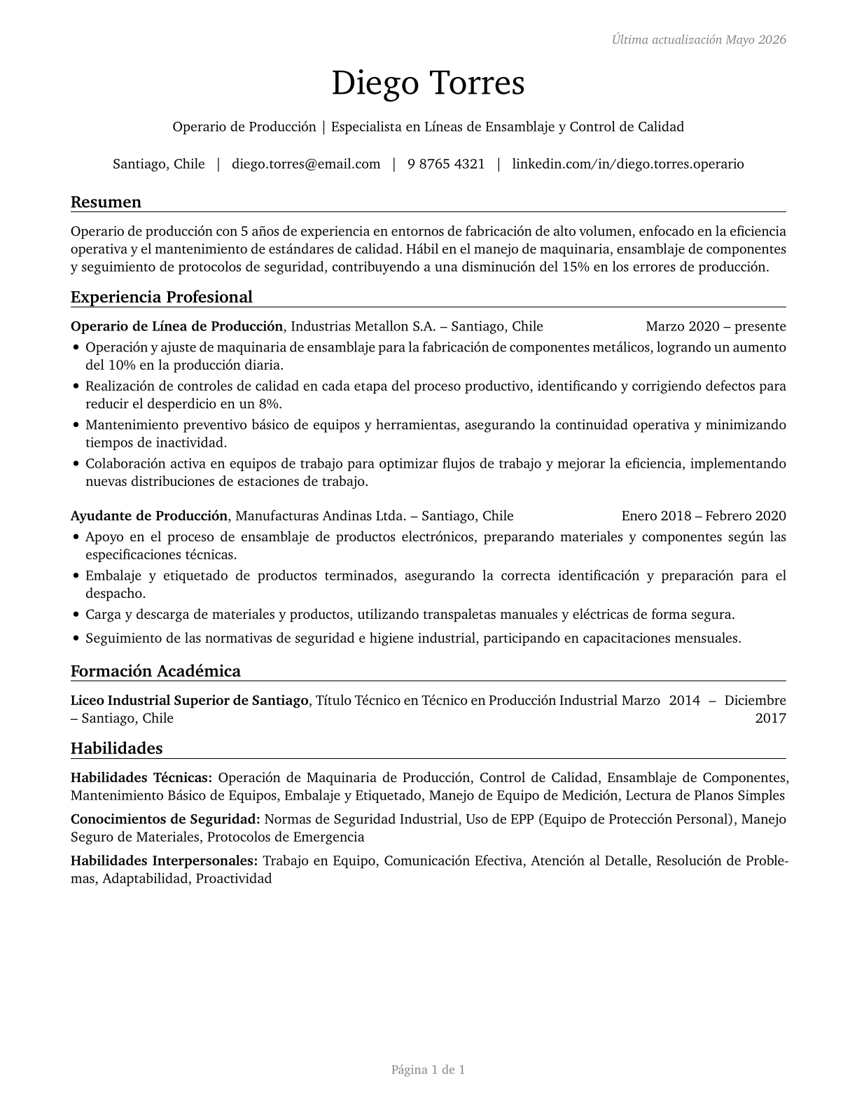 Helpers--Production Workers CV in Spanish — page 1