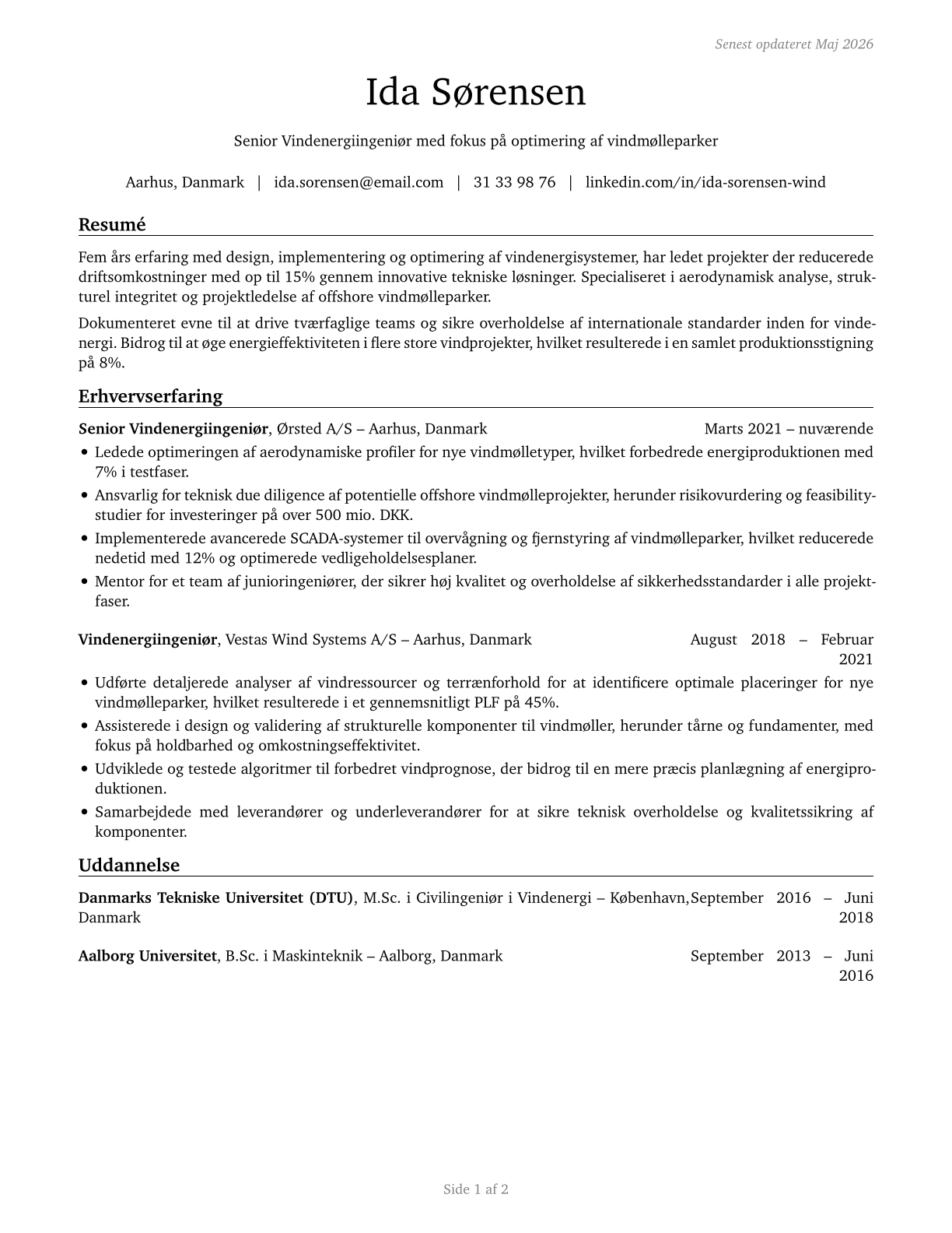 Wind Energy Engineers CV in Danish — page 1