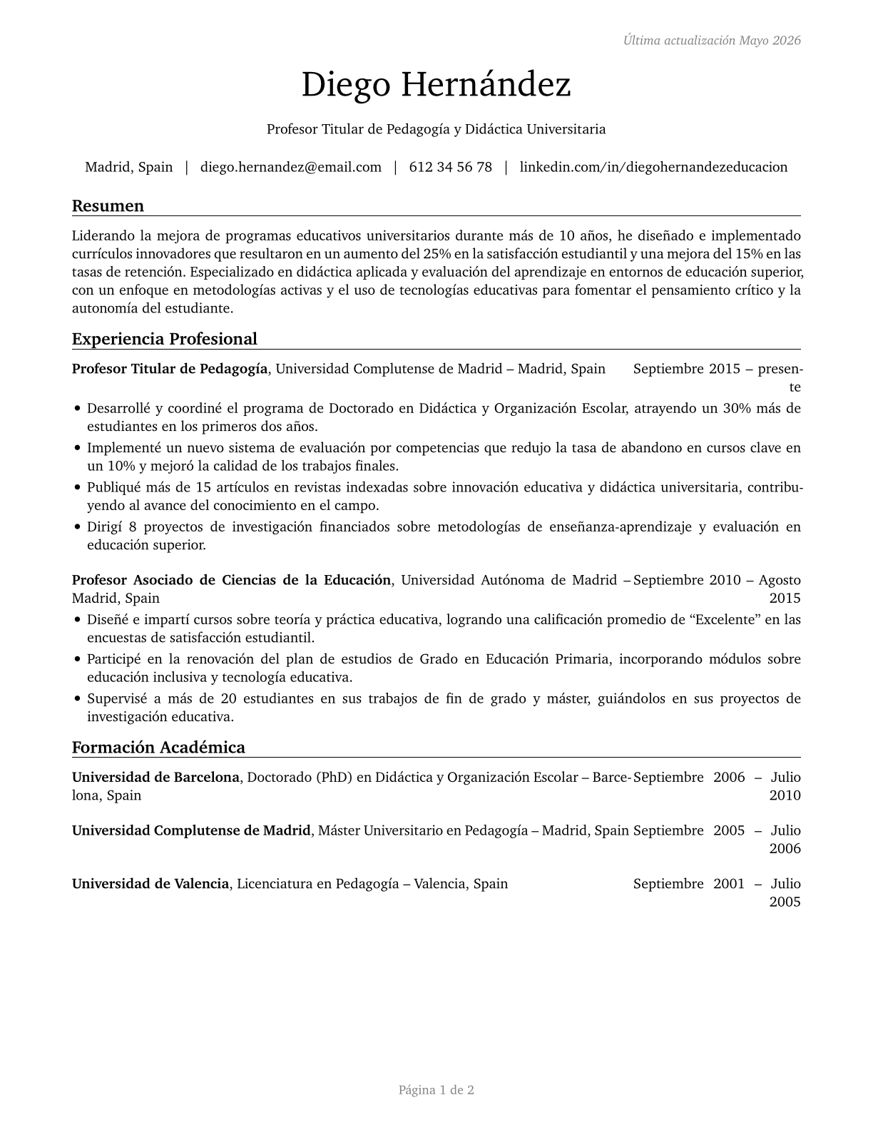 Education Teachers, Postsecondary CV in Spanish — page 1