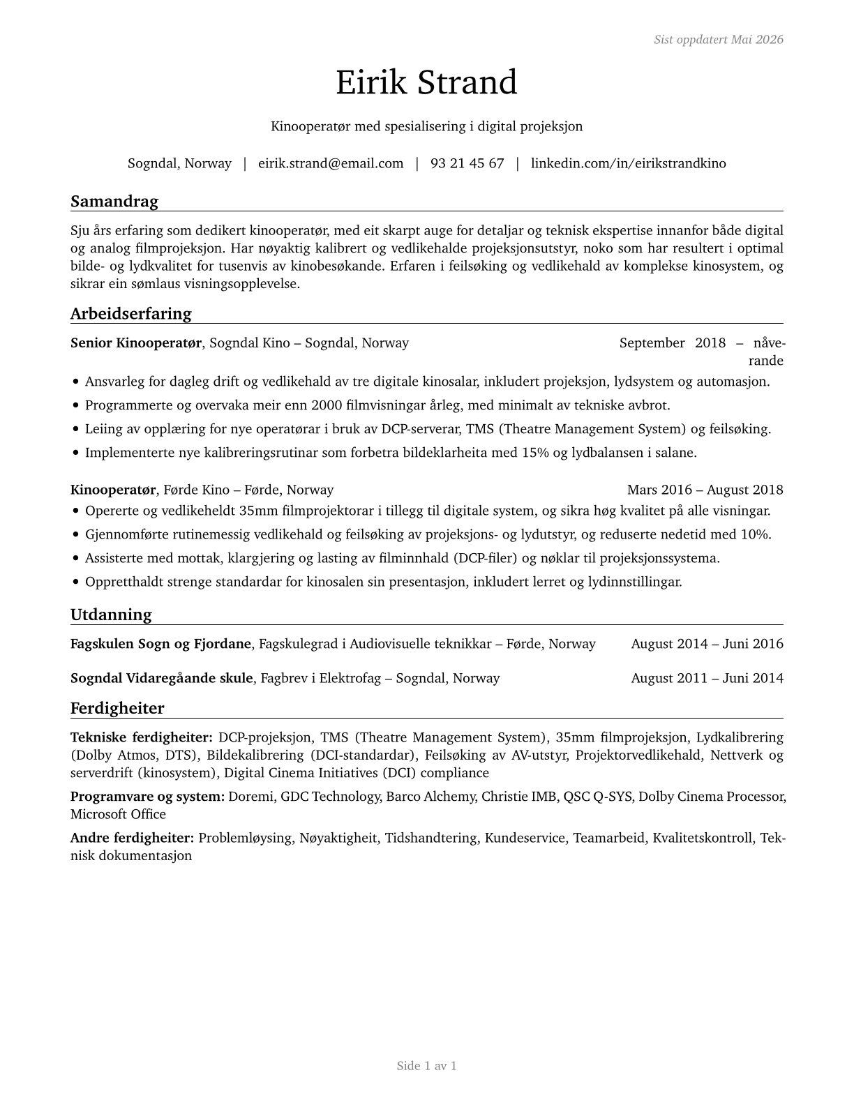 Motion Picture Projectionists CV in Norwegian_nynorsk — page 1